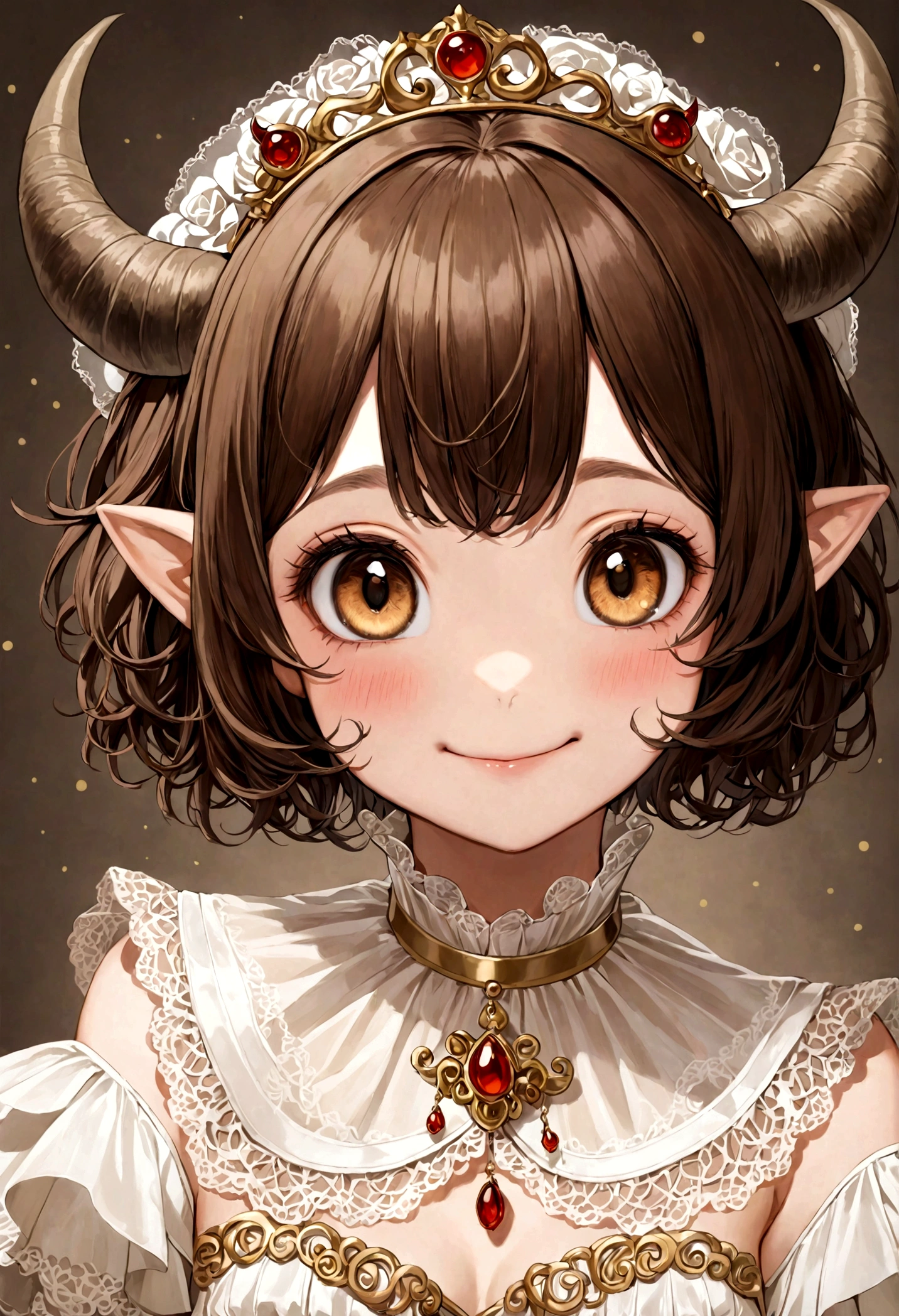 1 girl,Individuality,big eyes of black color,,Brown Hair,short hair,bull with horns,Bull Hair,Cute expression,A big smile,Cream high collar tutu skirt,Gauze skirt,Portraiture