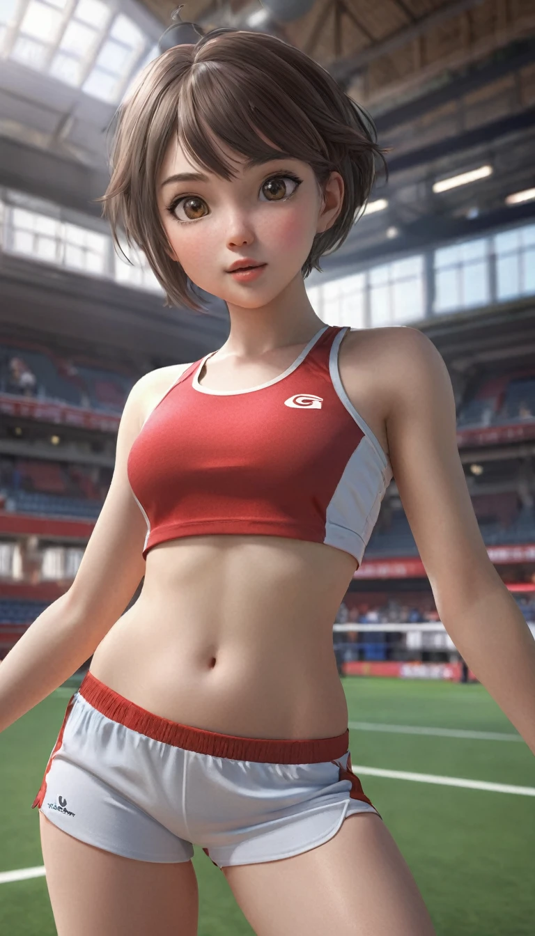 (realistic:1.5、masterpiece,Highest quality:1.3,best quality illustration),cowboy shot,1woman,20 year old Japanese beauty,very small head,(short bob brown hair),bangs,brown eyes,gorgeous eyes,blush,smile,medium breasts,((very long body:1.3)),toned body,slender body,skinny:1.3,(Sports Bra、navel、Sports shorts),gleaming skin,shiny skin,(sweat:1.3),standing,Arena、Tokyo、