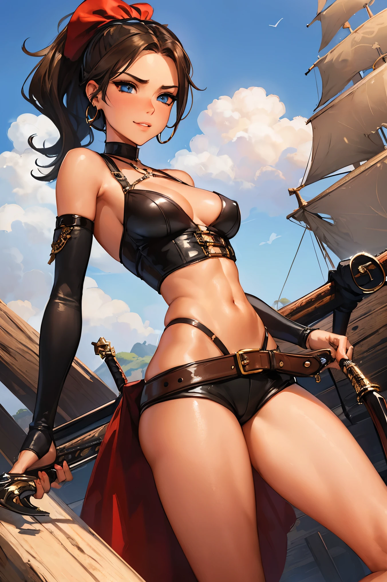 (masterpiece), best quality, expressive eyes, perfect face, (pirate ship background), (standing), (smirk), (closeup view), (1girl, vanessa alessia, pale skin, brown hair, wavy hairstyle, blue eyes, hourglass figure, thin body, skinny body, petite_body, medium breasts, thick thighs, long fingernails, brown plaid head wrap, white front lace blouse, brown leather corset, brown leather shorts, brown boots, sheathed cutlass sword, flintlock pistol in holster, hoop earrings, miscellaneous jewelry),  big breasts, stripping, elegant makeup, exhibitionism, naked in public, , slim thighs, toned body, shiny skin, sexy pose, blue eyes, narrow hips, wearing high hip thong and see-through top