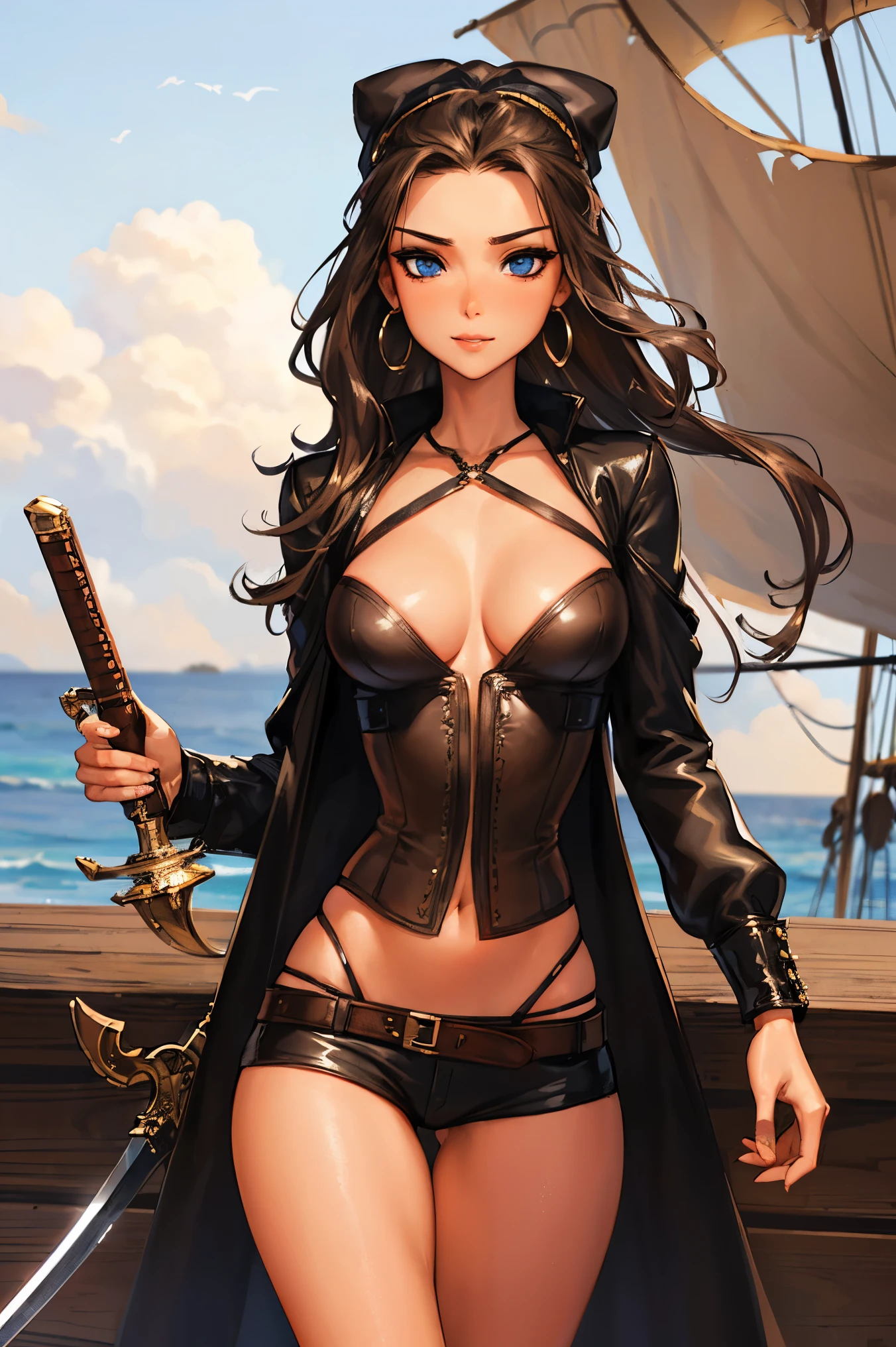 (masterpiece), best quality, expressive eyes, perfect face, (pirate ship background), (standing), (smirk), (closeup view), (1girl, vanessa alessia, pale skin, brown hair, wavy hairstyle, blue eyes, hourglass figure, thin body, skinny body, petite_body, medium breasts, thick thighs, long fingernails, brown plaid head wrap, white front lace blouse, brown leather corset, brown leather shorts, brown boots, sheathed cutlass sword, flintlock pistol in holster, hoop earrings, miscellaneous jewelry),  big breasts, stripping, elegant makeup, exhibitionism, naked in public, , slim thighs, toned body, shiny skin, sexy pose, blue eyes, narrow hips, wearing high hip thong and see-through top