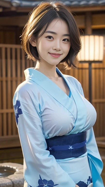 （8k、RAWphotograph、highest quality、masterpiece：1.2),(Long Bob Cut),Looking at the audience,Viewed from the front,Sexy pose, strong,erotic,student,White skin,knees,Absurd,Small face,Part the front hair from the center、The forehead is visible,(Be embarrassed,Squint your eyes,Glare,strong,skinny,skinny,Irritated)、masterpiece,highest quality、超A high resolution,one person, one personで,Close-up shot、cute、Return to student,(A clean blue-based floral yukata:1.5),high school girl,Japanese women,Are standing,（Photorealistic：1.37）、Photon Mapping,Realistic、cuteSmall face,Brown eyes、prospect、Written boundary depth、Blurred Background、photograph,girl、(I can see the front hair), hair, I can see the knees,Light clothing,, thigh,Nogizaka Idol, actress、Natural Breasts、Cleavage、Super quality、Low people、(Skin with visible pores:1.2)、(Focus on the face)、Check and correct the garment construction, (Big Breasts:1.3), (onsen:1.4): forehead, ((Staring at me:1.4)), ((Looking at the camera)), ((cowboy shot:1.4))、 ((Big smile:1.5))