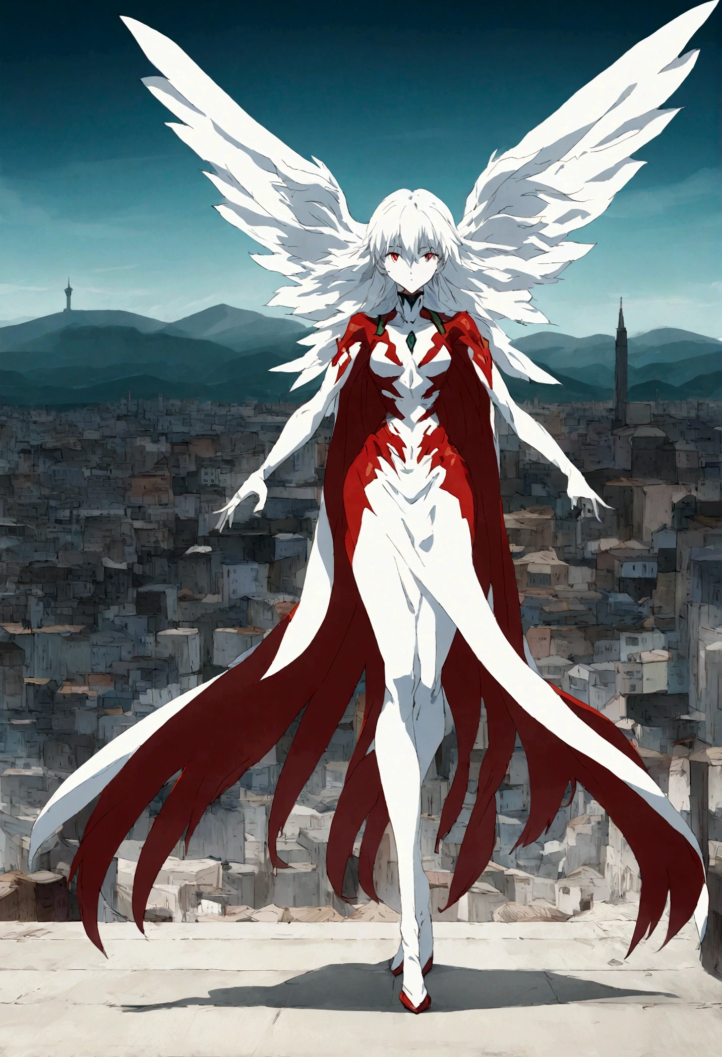 creates an anime version image of a woman resembling the giant from the end of evangelion, it is a colossal woman on the horizon, the character is shown fullbody, her skin is completely white and she has short white hair with crimson red eyes, her pose is angelic, she is looking floating a little off the ground, looking furiously at an anime style city.