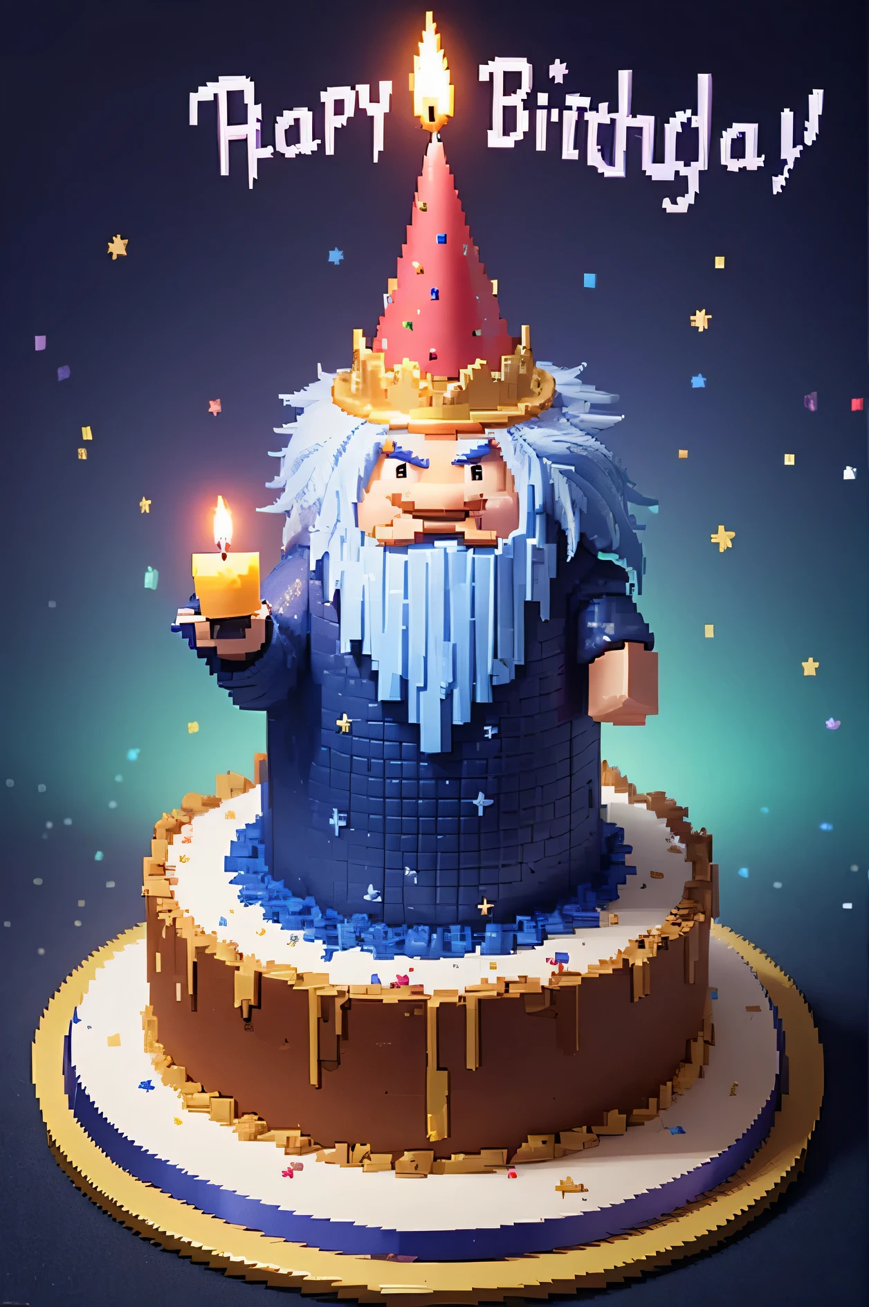 Pixelated wizard with a birthday cake written Happy birthday waspear online with a 16th birthday candle on top
