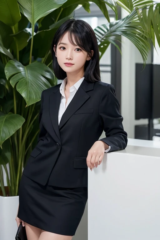 woman、Close-up、２６age、Fair skin、Hair down to chest、Hair is lightly tied up、Straight face、Black Hair、Small face、Double、Mole under the right eye、Florist clerk、Stylish flower shop、There are many trees in the background、Giving water、morning