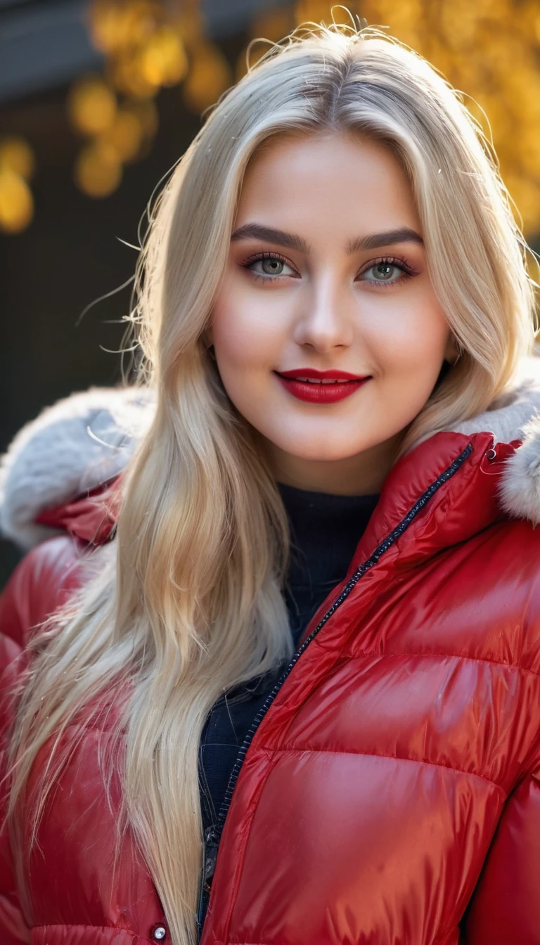 hyperrealistic beautiful busty 19-year-old woman with long legs wearing casual winter outfit with shiny red puffer coat, model shooting full body photography, bleached blonde very long straight hair, soaky wet skin, dark eye makeup with eyeliner, seductive smile, red lips, 8K, Best quality, Meisterwerk, ultra high resolution, (Realismus: 1.4), Originalfoto, (realistische Hautstruktur: 1.3), (Filmkorn: 1.3), (Selfie-Winkel), 1 girl, Beautiful round hazel eyes and facial details, Meisterwerk, Best quality, outdoor photography