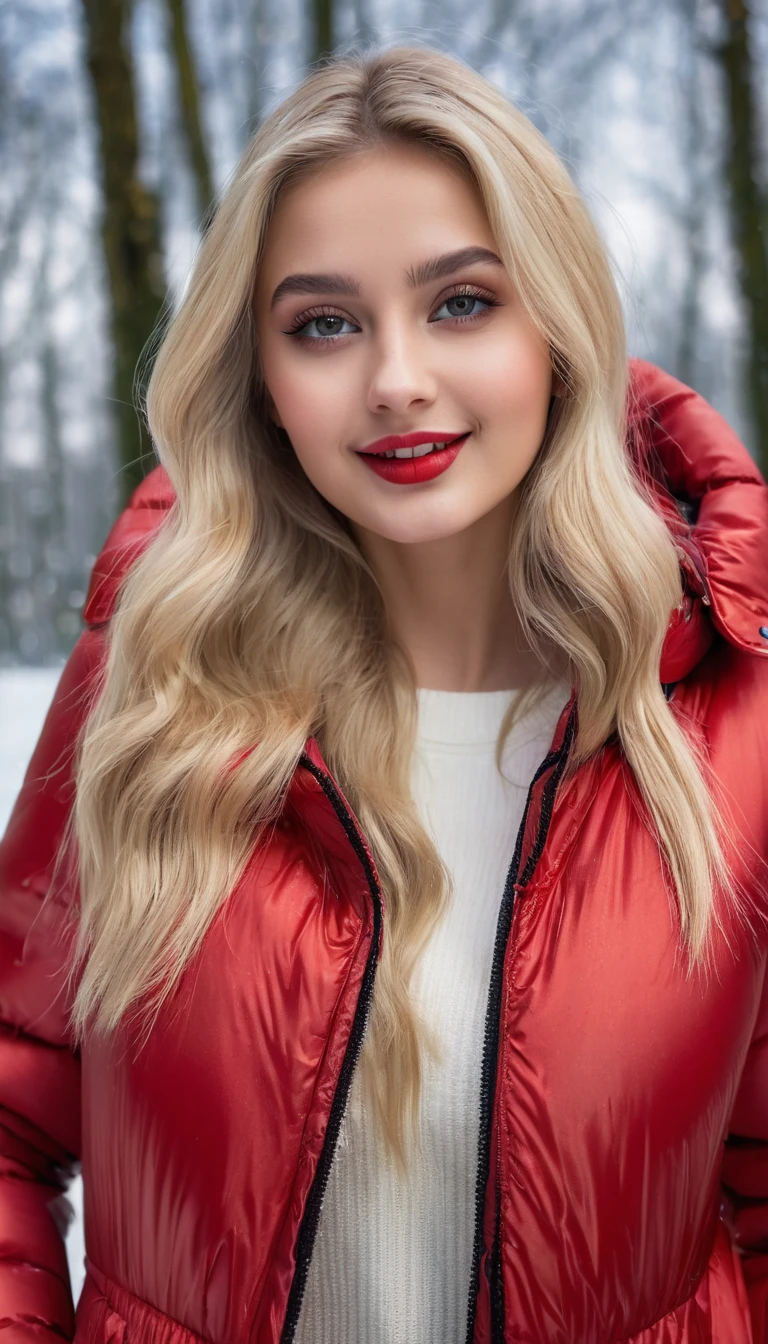 hyperrealistic beautiful busty 19-year-old woman with long legs wearing casual winter outfit with shiny red puffer coat, model shooting full body photography, bleached blonde very long straight hair, soaky wet skin, dark eye makeup with eyeliner, seductive smile, red lips, 8K, Best quality, Meisterwerk, ultra high resolution, (Realismus: 1.4), Originalfoto, (realistische Hautstruktur: 1.3), (Filmkorn: 1.3), (Selfie-Winkel), 1 girl, Beautiful round hazel eyes and facial details, Meisterwerk, Best quality, outdoor photography
