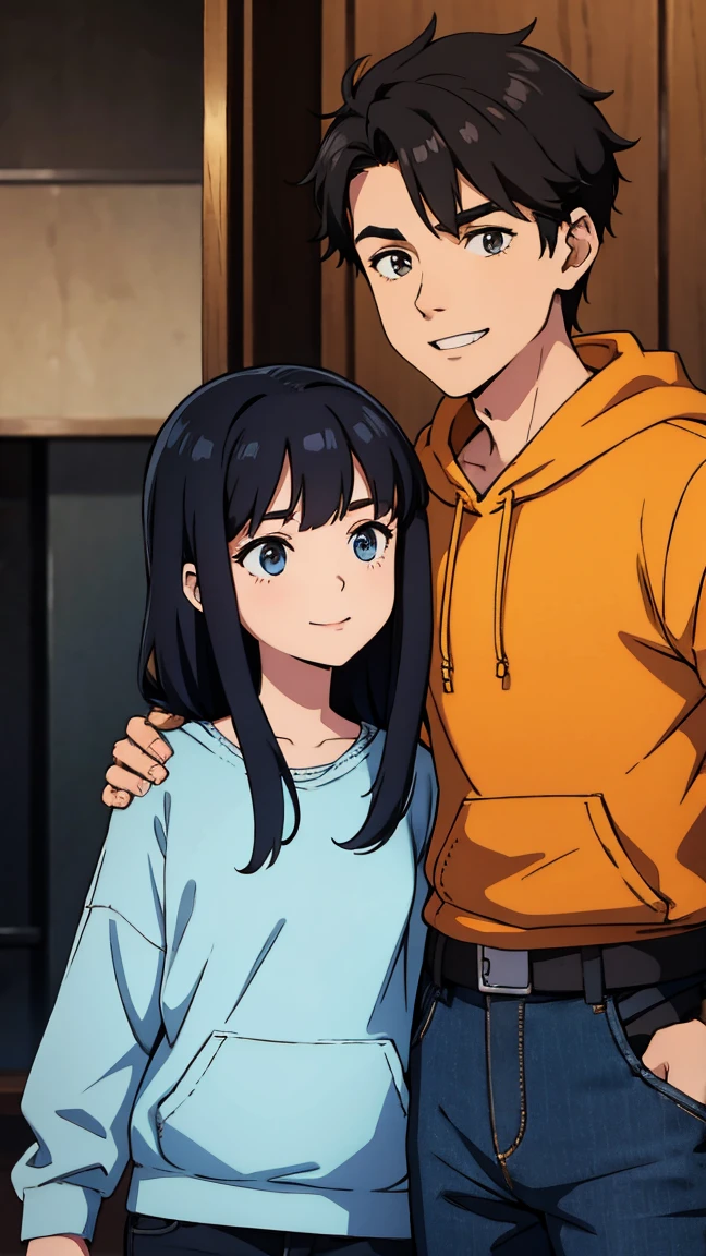 A boy with short, side-parted black hair.  A girl with shoulder-length black hair parted in the middle,   Both of them are wearing hoodies and jeans and smiling.  Stand nearby, Girl holding boy&#39;s arm. They are looking at each other, Smiling and hugging、(Arguing Men and Women)