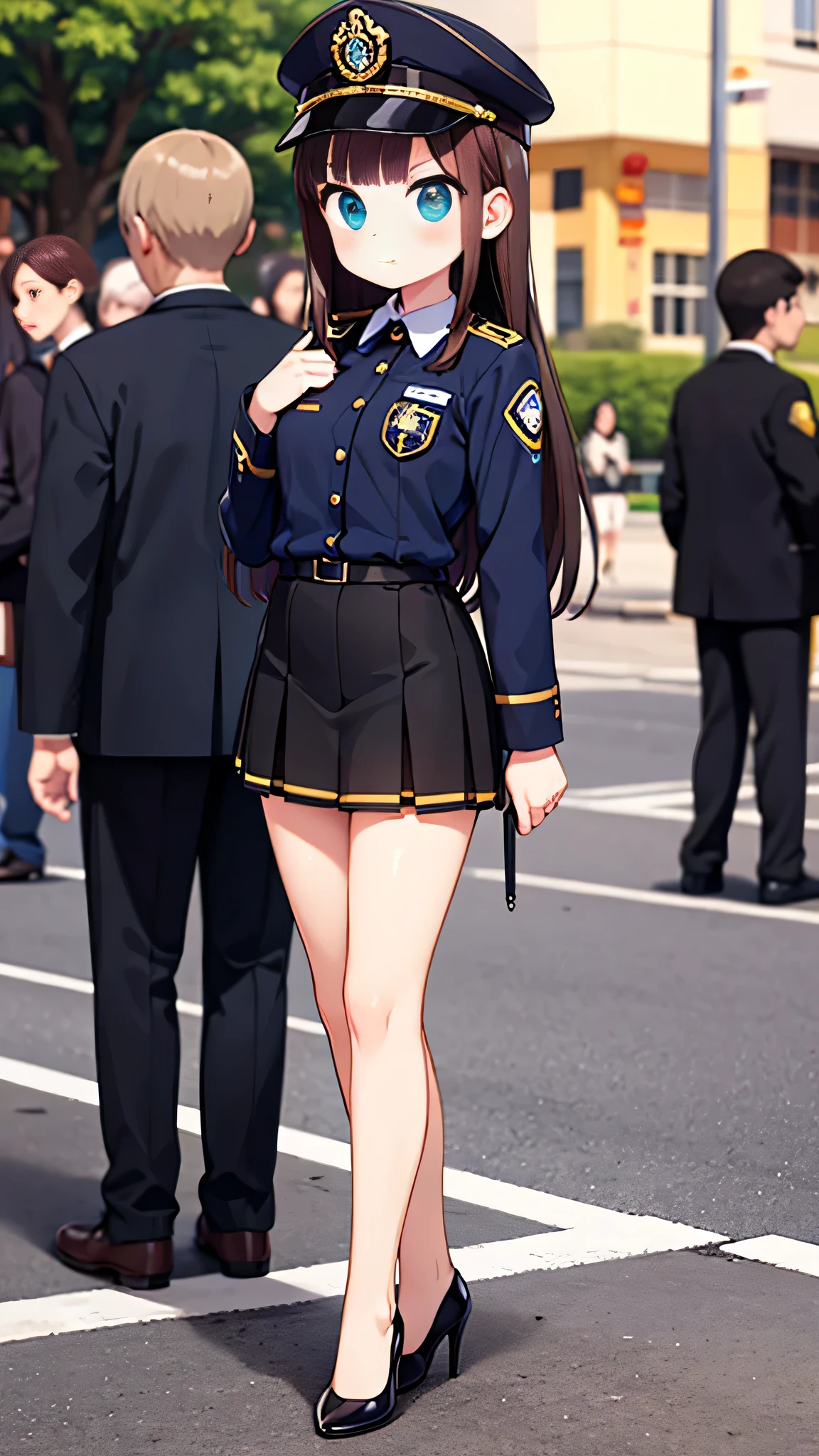 masterpiece, {highest quality], [Super beautiful], [Ultra fine], [Best illustration],Brown Hair, Hime cut, Long Hair, With bangs, girl, Uniform cap,Security uniform, Angry face, blush, Slender women, Straight Skirt, Standing posture, （Public）Night Park, diagonal, From diagonal, Bare feet and pumps, Plain black pumps,Cross your legs,Truck next to me,