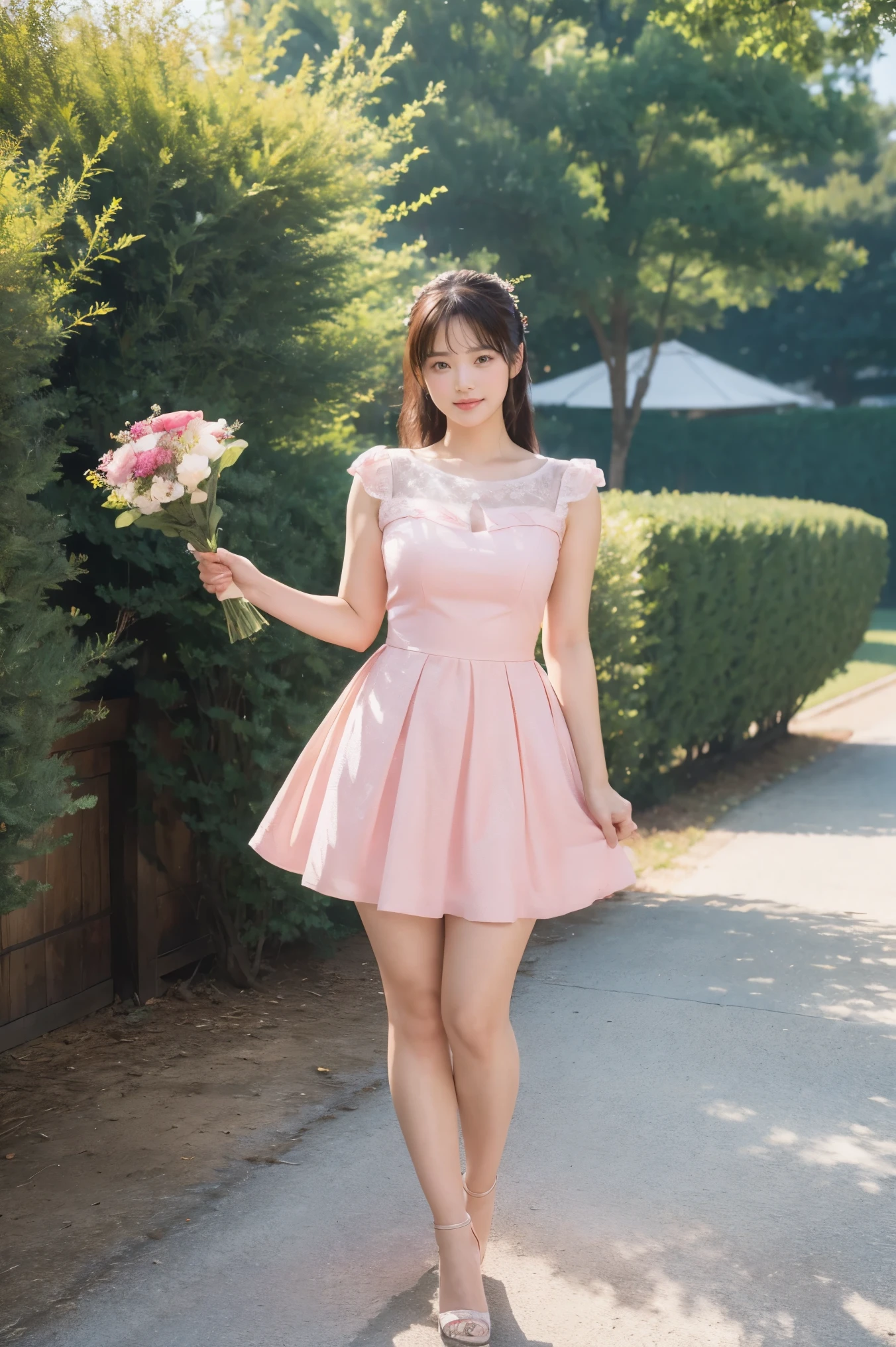 Medium display, Medium Shot, Written boundary depth, Photograph the whole body:1.5, Are standing、Movie angle, masterpiece, highest quality, Very detailed, CG, 8k wallpaper, Beautiful Face, Delicate eyes, Otome, alone, smile, Pink Dress,  bouquet、High heels、Action pose、Taekwondo stance