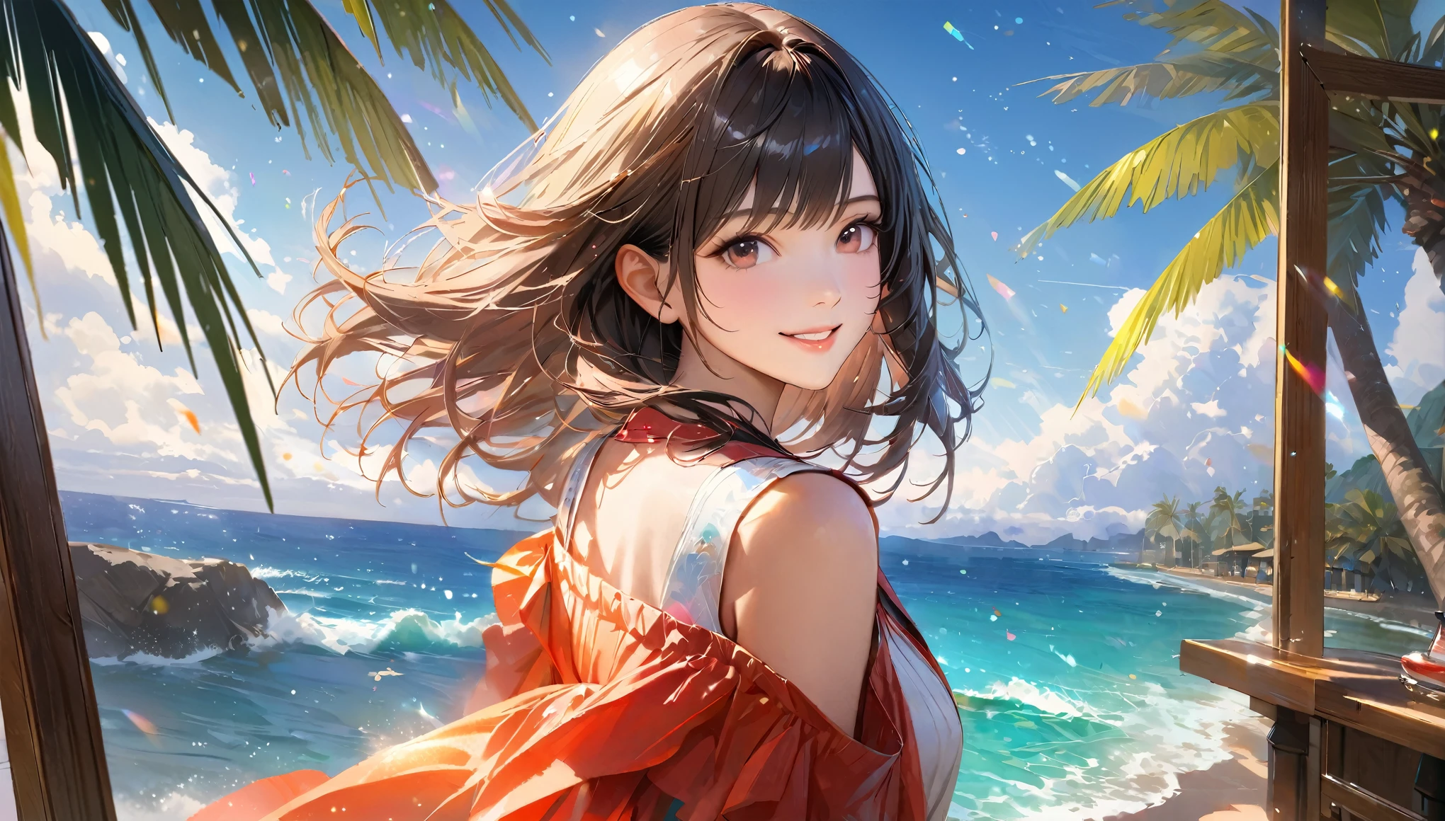 Sparkling sea and tropical ocean, Sunny sky with fluffy white clouds, Palm trees along the coast, Blur the background,Pleasant sea breeze,Young woman with dark hair, smile,Glitter effect,highest quality, 4K, 8k, High resolution, masterpiece:1.2, Very detailed, Realistic:1.37, High resolution, 超High resolution, Studio Lighting, Ultra-fine painting, Sharp focus, Physically Based Rendering, Very detailedな説明, Professional, Vibrant colors