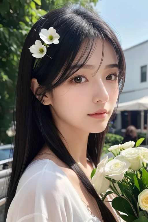 woman、Close-up、26age、Fair skin、Hair down to chest、Hair is lightly tied up、Straight face、Black Hair、Small face、Double、Mole under the right eye、Florist clerk、Stylish flower shop、There are many trees in the background、Giving water、morning