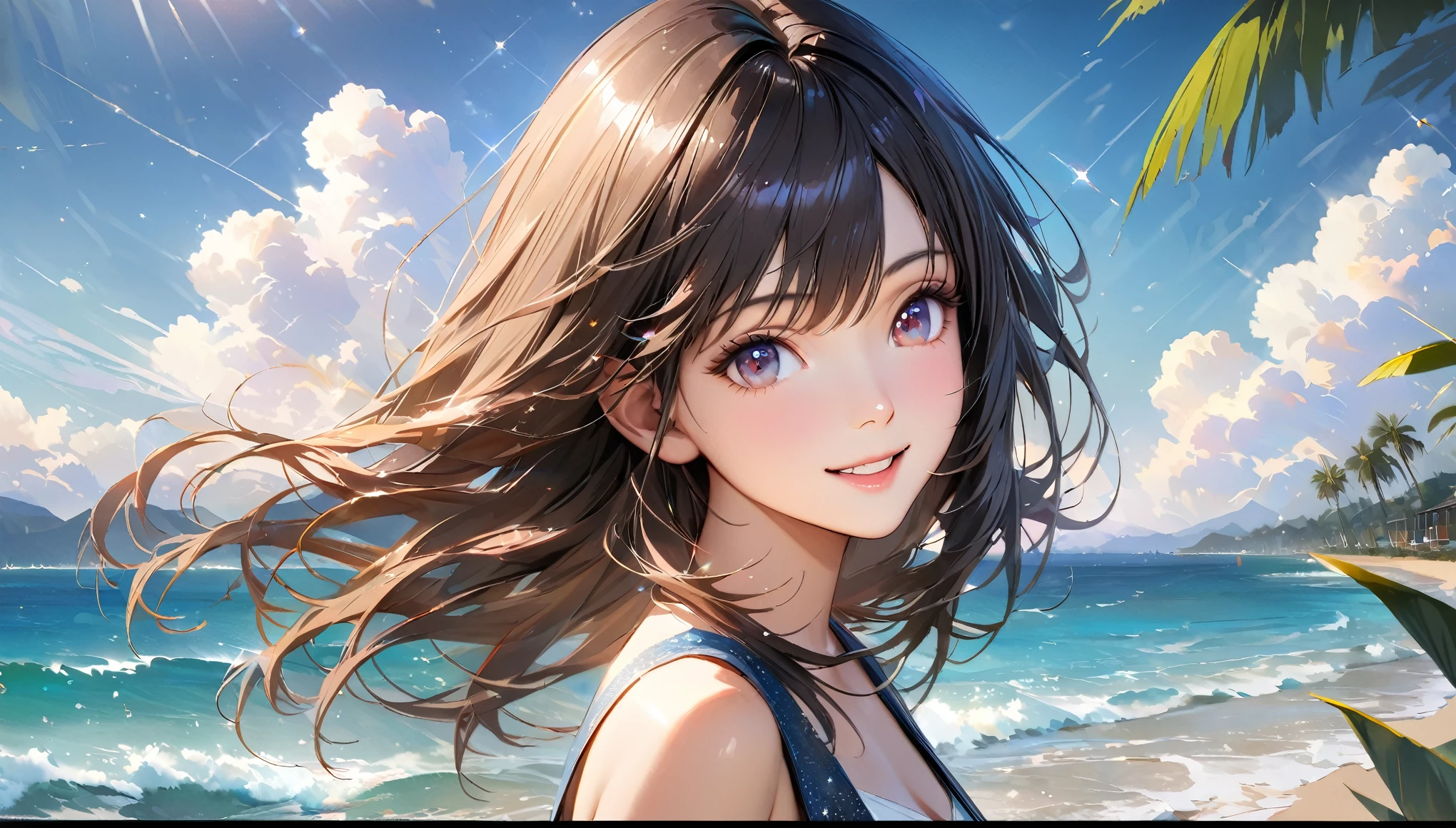 Sparkling sea and tropical ocean, Sunny sky with fluffy white clouds, Palm trees along the coast, Blur the background,Pleasant sea breeze,Young woman with dark hair, smile,Glitter effect,highest quality, 4K, 8k, High resolution, masterpiece:1.2, Very detailed, Realistic:1.37, High resolution, 超High resolution, Studio Lighting, Ultra-fine painting, Sharp focus, Physically Based Rendering, Very detailedな説明, Professional, Vibrant colors