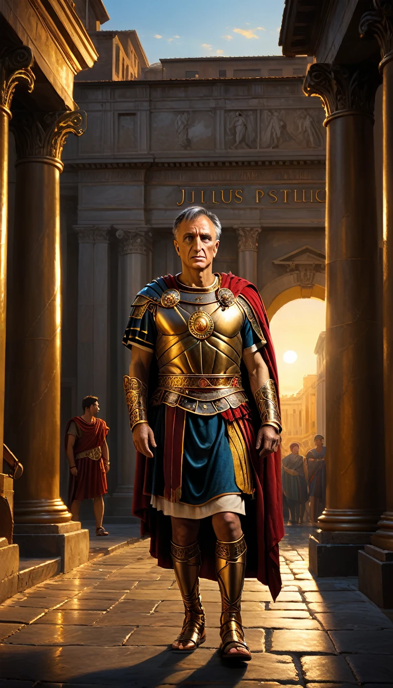 As the sun began to set, The warm golden hues of the sun illuminated his ornate attire, casting a warm glow across the area, Ground-level shot, A dramatic painting of Julius Caesar entering the Pompey Theater, adorned with details of classical Roman architecture, background dark, hyper realistic, ultra detailed hyper realistic, photorealistic, Studio Lighting, reflections, dynamic pose, Cinematic, Color Grading, Photography, Shot on 50mm lens, Ultra-Wide Angle, Depth of Field, hyper-detailed, beautifully color, 8k, golden light from the front,