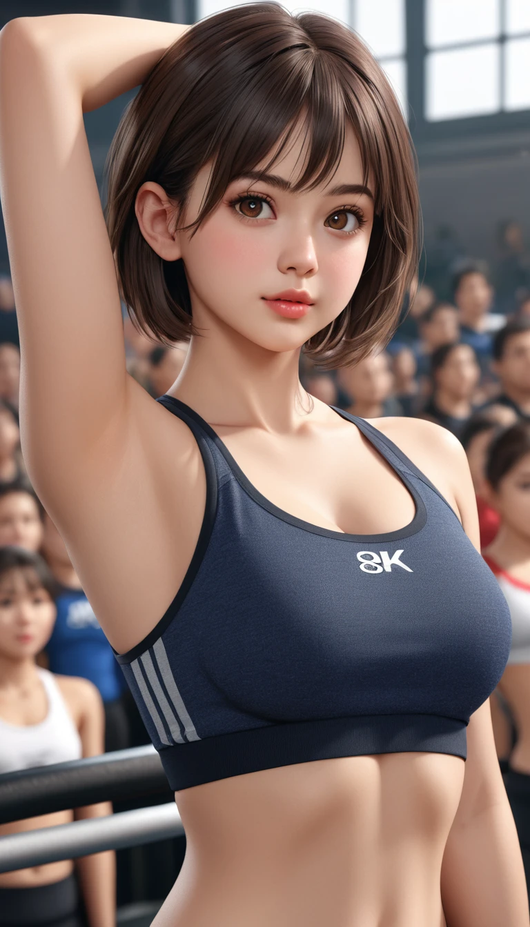 Highly detailed CG Unity 8k wallpaper, highest quality, Very detailed, Realistic, photo realistic, Very knowledgeable cute girl, Age 25, logic, Belly logic, Round eyes, audience, blush, Lips parted, Half Body Shot, Sportswear, Gym, Underarm, short hair, Underarm, masterpiece, textured skin, high details, 8k