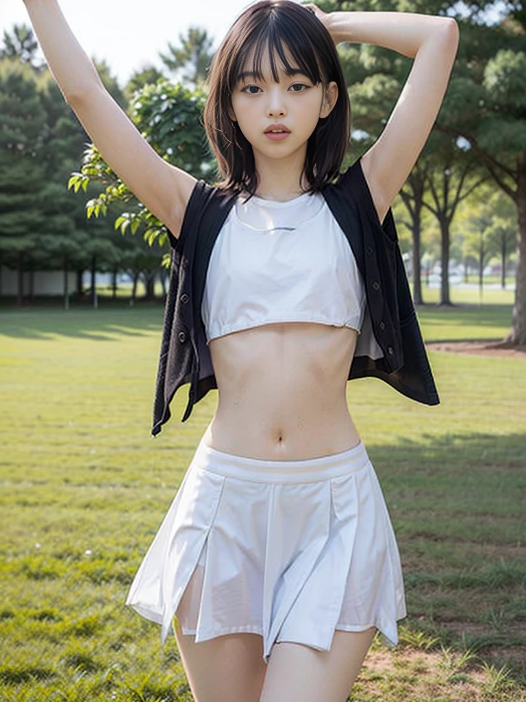 (masterpiece, highest quality:1.4), Award-winning portraits, 8k, 85mm, alone, Beautiful Face, Delicate girl,  (Cheerleader、On the grass), Sophisticated, cute, 15 years old, RAW Photos, Confused, High resolution, Sharp focus, Background Blur、(((flat  、thin and delicate body、Childish atmosphere)))、Glossy short bob、Mole on the left cheek、 Dark blue eyes、the skirt is swaying in the wind、Hair swaying in the wind、sexy、flexible legs、naked