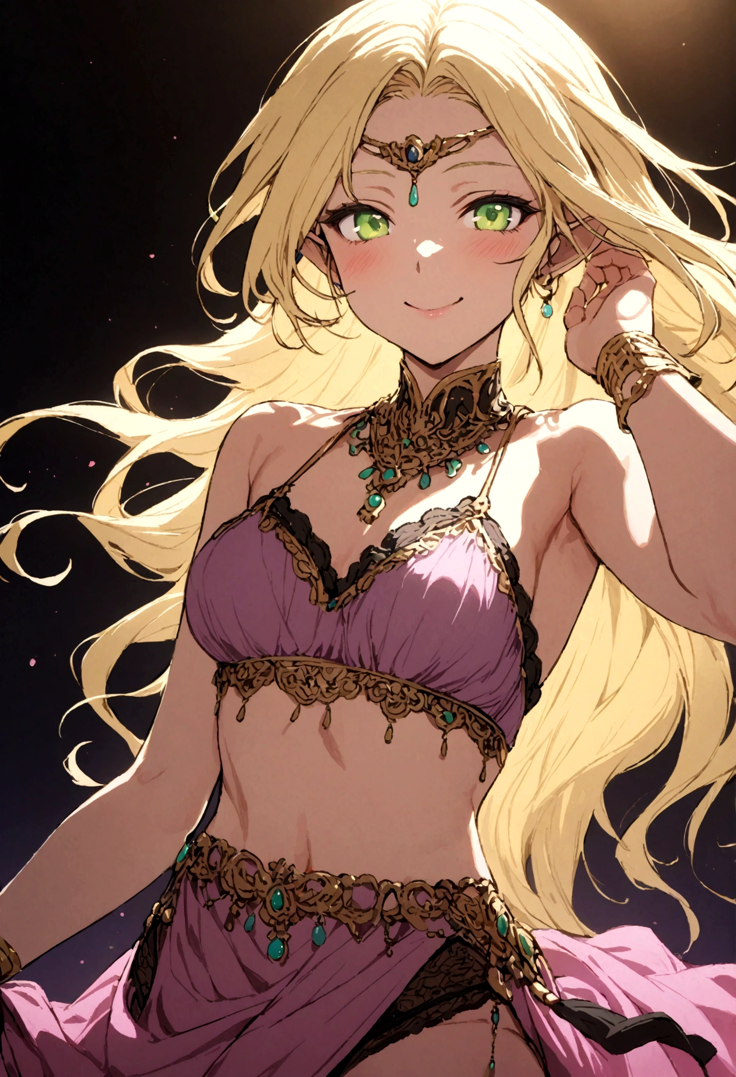 (best quality:1.0), (super fine:1.0), (16k:1.0), (incredibly absurdres:1.0), (extremely detailed:1.0), (delicate and dynamic:1.0),
1lady, (cute and beautiful pretty elf:1.0), (Blond:1.0), (Long hair:1.0), (Green eyes:1.0), (Circlet:1.0), (Lovely smile:1.0), (purple bra camisole:1.0), (lace camisole:1.0), (Dancer:1.0), (Spotlight:1.0), (pink stage:1.0),
(Deedlit:1.0), (Blond:1.0), (Long hair:1.0), (Green eyes:1.0), (Circlet:1.0)