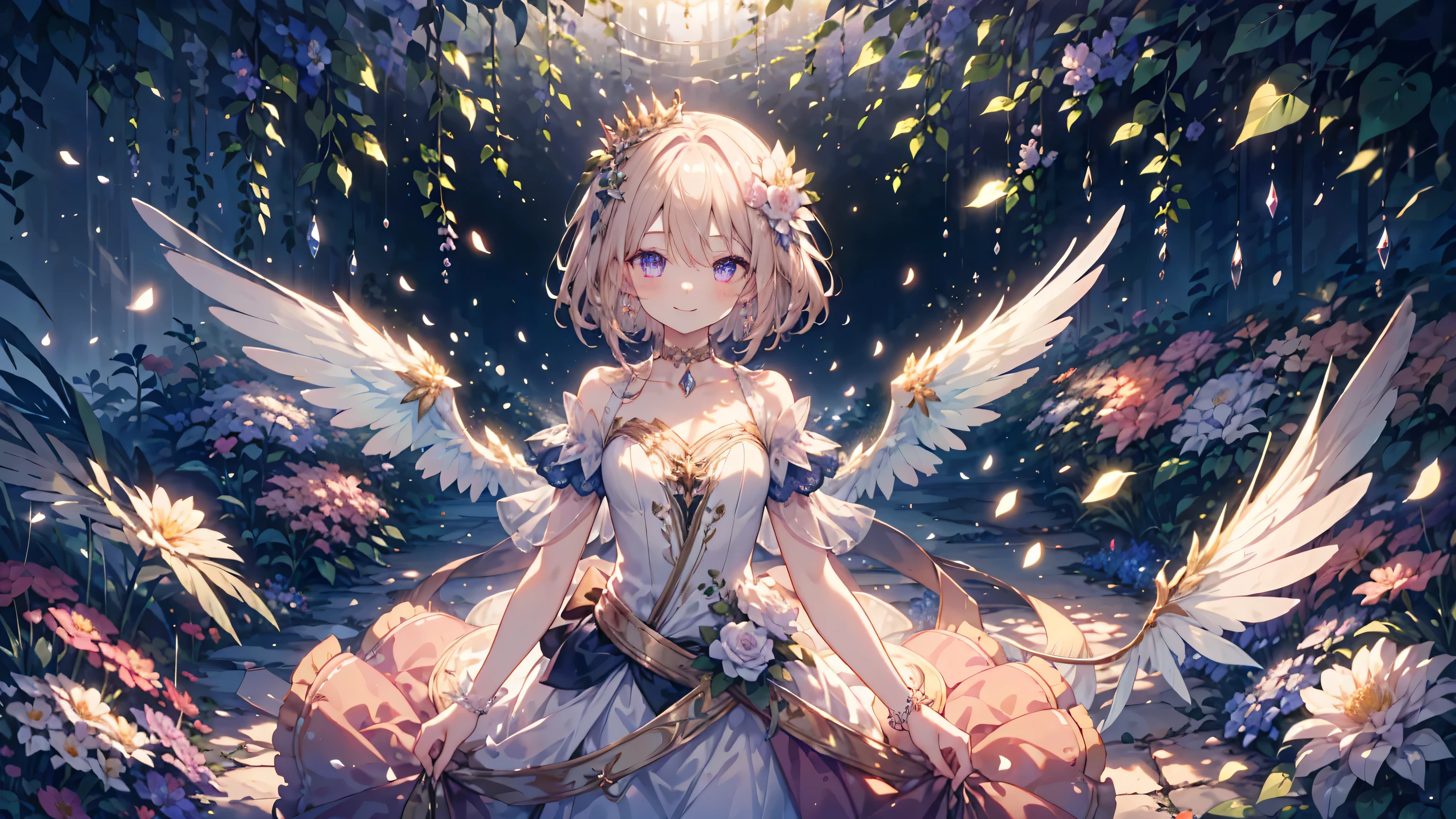 (highest quality, masterpiece, Super detailed, very detailed, exquisite, 16k,Full HD),Anime girl with blue eyes and white hair ,golden ratio,dramatic lighting,pastel colour,looks fun,fly in the sky,soft lighting, ((alone:1.5)),blue sky,clear sky,magical forest,flower,wood,Flower Field,Leaves and petals fluttering,From above,((head shot)),Flowers filling the screen,(fairy princess, purple eyes, long eyelashes,white skin,slim,Pale pink plump lips,pale pink cheeks, The wind is blowing,blonde,thin and long,(thin and high nose,small nose),(From above her waist, a giant fairy wing),The magic of flower,flower tiara,diamond earrings,Diamond Choker,White ball gown dress with flower petal motif, lace and ruffles,(smile:1.2), (fantasy, romantic atmosphere), 