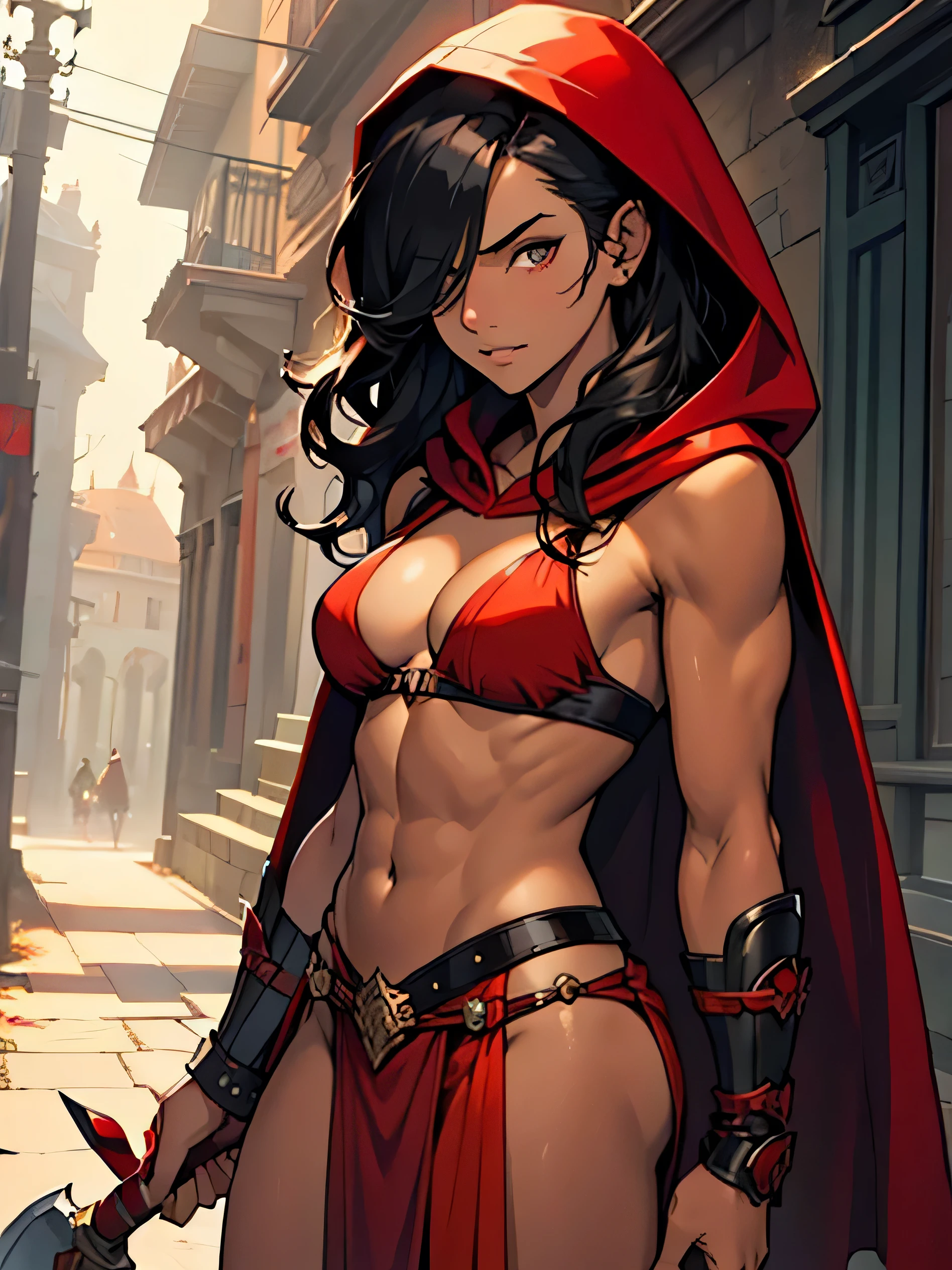 (super detailed:1.3),((best quality:1.2)),((masterpiece:1.2)),female focus,lonely beauty,detailed face,detailed lips,detailed eyes,black hair, shoulder-length hair, wavy hair, messy hair, shaggy hair, ((hair over one eye)), orange iris,abs,medium breasts,cleavage,red bikini with trim, red loincloth with trim,black gauntlets,cowboy shot,red cape,intricately designed red hood,((wearing hood)),(deeply tanned skin:1.3),slim body,beautiful face,annoyed expression,(fit body:0.7),holding axe,burning forest