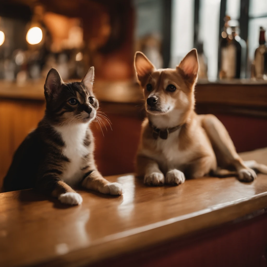 um cachorro e uma gato, Conhecido como cachorro e gato roqueiro, bonitos, cachorrinhos, dogdogsdogs, e cachorros bonitos, Gatinhos, Gatos, catscatscats, e gatos bonitos. They sat together at the counter of a bar, vestindo roupas de roqueiro. They are cute in the style of 🍁 and 🍂, And it's the cutest of them all. They are known as the real-life Tom and Jerry. The art style is cute dog and cat anime visual.
