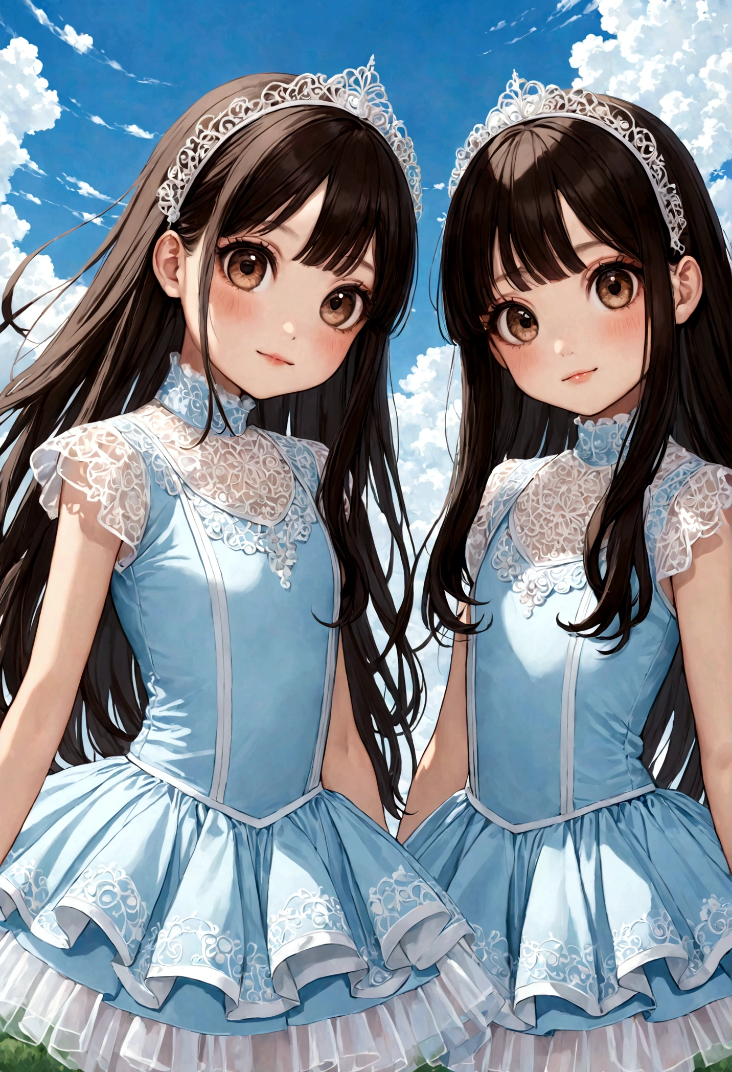 2 girls,Individuality,Brown big eyes,Black Hair,Long Hair,Identical twins,Cute twins,A good friend,A happy look,Cute expression,Sky blue high collar tutu skirt,Gauze skirt,Portraiture