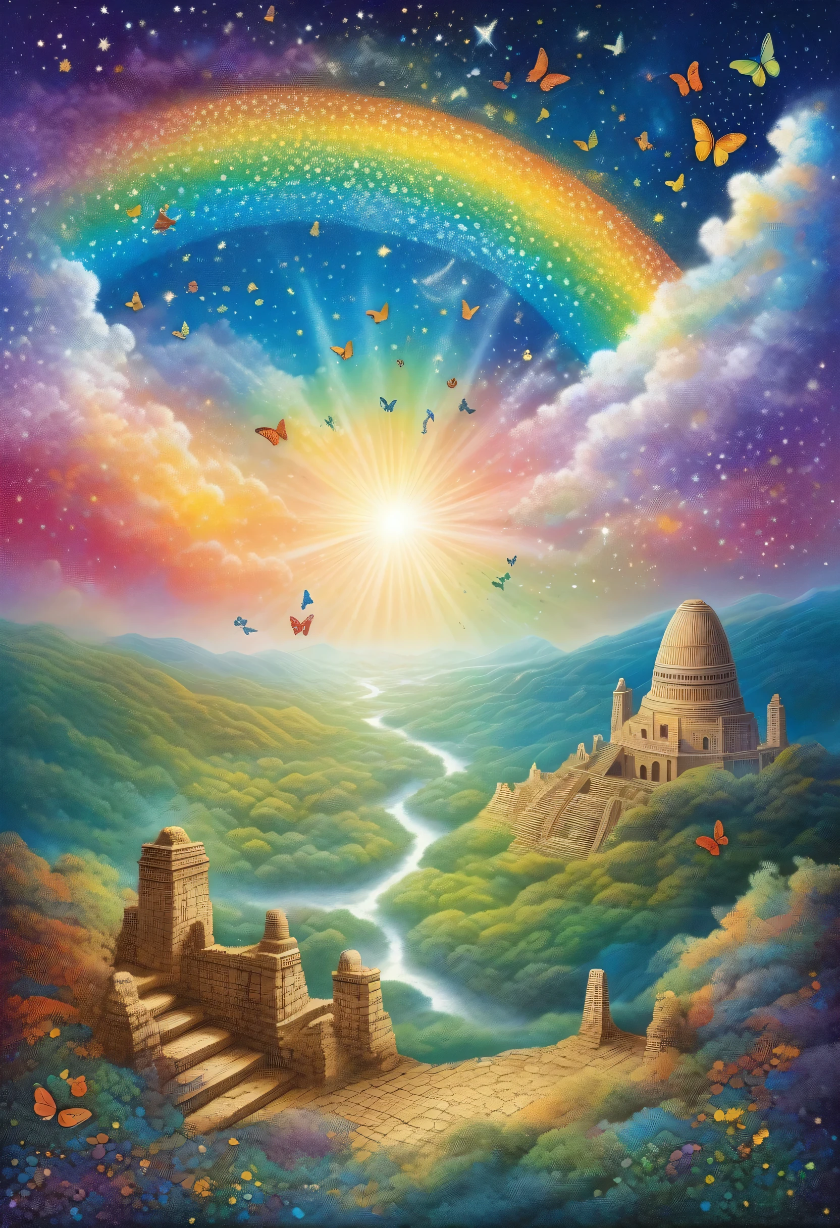 Exix is Ardelia、(rainbow dream landscape:1.2)、emerge from the clouds。, Ancient city ruins、Butterflies are flying、Tabletop, highest quality, Bright starry sky in the background, in pointillist art style、Tabletop、highest quality、