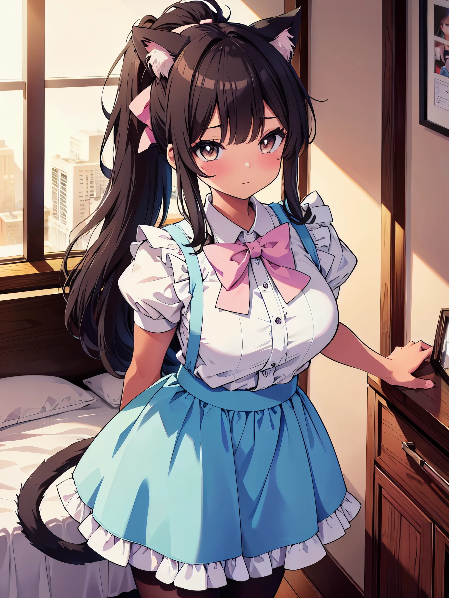 (cowboy shot), (ultra-high resolution, depth of field:1.2), 1woman, medium breasts, (tan skin:1.4), brown eyes, (long straight black hair), ponytail, bangs, cat ears, cat tail, (light pink maid uniform), (light blue bow:1.2), pantyhose, cleavage, bedroom scenery, slightly leaning forward, arms behind back, (blushing), nervous