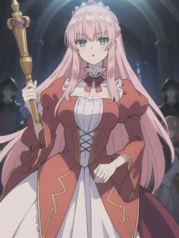 ((Best quality))),((Ultra-detailed)),((illustration)),((Disheveled hair)),((frilld)),(1 girl),(Solo), 1girl,holding,looking_at_viewer,open_mouth,solo,rating:safe,black_bow,bow,clothing,crown,dress,female,frilled_dress,frills,hair_flaps,headwear,juliet_sleeves,long_hair,long_sleeves,makaria,:o,puffy_sleeves,red_dress,scepter,standing,wide_sleeves, pink_hair,aqua_eyes,