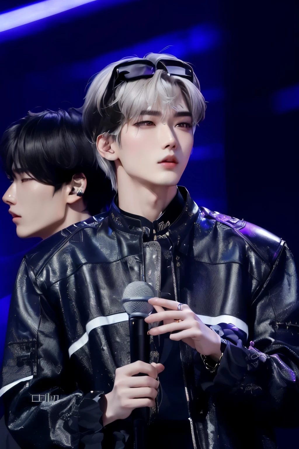a close up of two people standing on a stage with microphones, cai xukun, jung jaehyun, kim doyoung, hyung tae, xqc, he has dark grey hairs, taejune kim, with same hairstyle, beautiful androgynous prince, jinyoung shin, inspired by Song Maojin, inspired by Bian Shoumin, sha xi, inspired by Kun Can