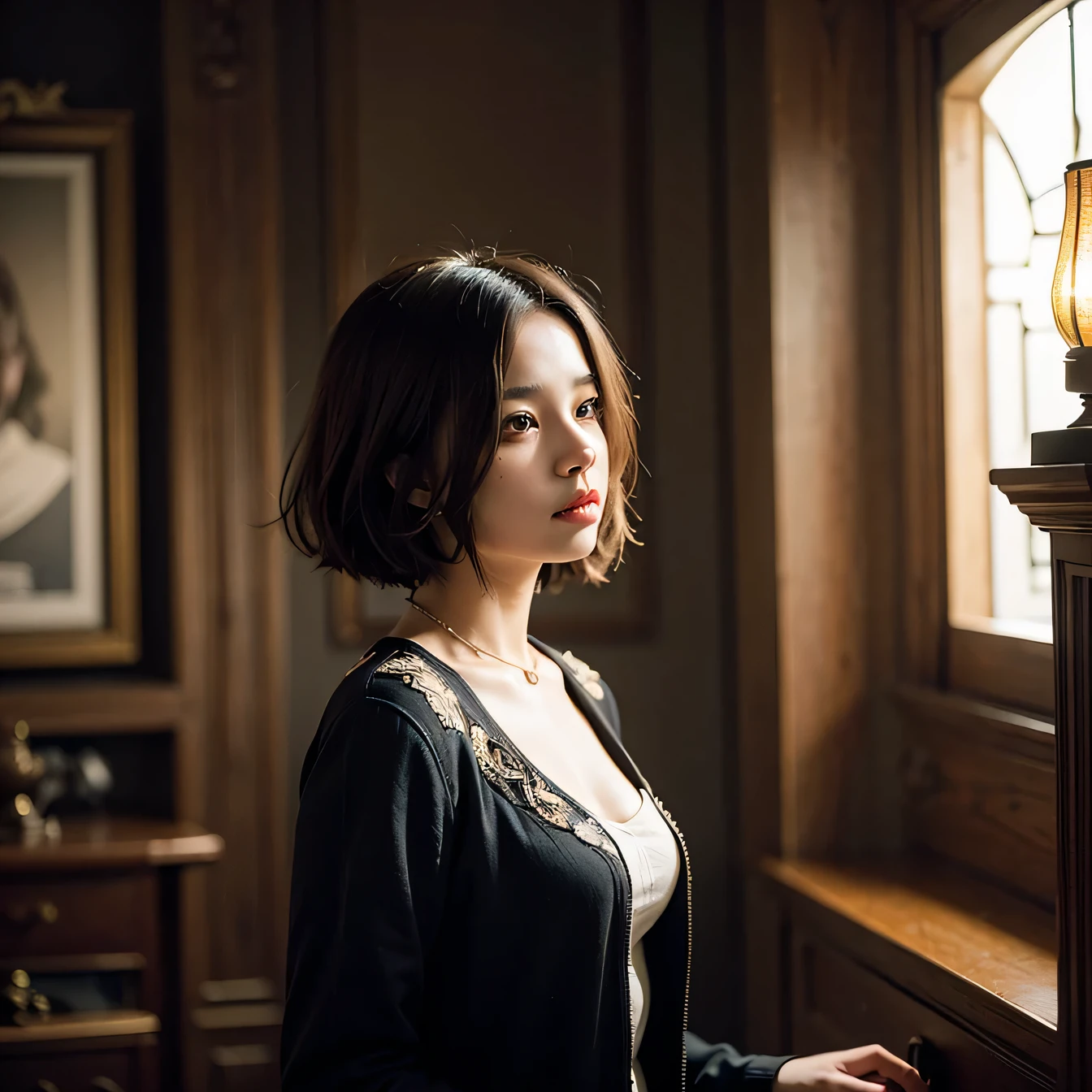 (Best quality, 8k, 32k, Masterpiece, UHD:1.2) "Produce a captivating art piece featuring a girl with a stylish bob haircut, illuminated by dramatic and cinematic lighting that accentuates the contours of her face and hair. Create an atmosphere that exudes intrigue and depth, with shadows and highlights playing a central role in defining the scene. The lighting should emphasize the girl's features and add an extra layer of drama to the composition, making it visually striking and evoking a sense of mystery and allure."