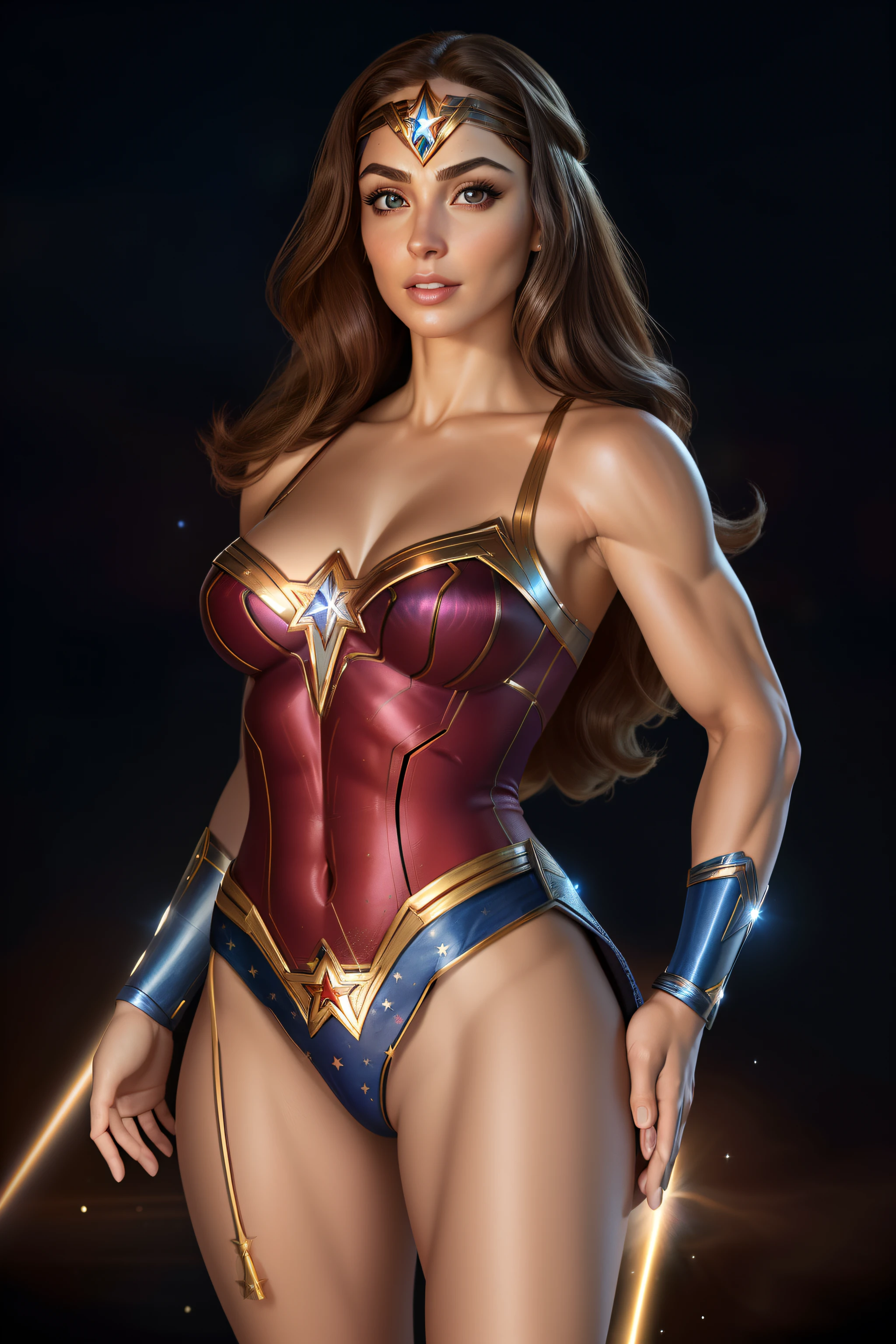 ( Obra de arte, 4k resolution, ultra-realistic, muito detalhado) Cosmic superheroine sapphire sexy star (usa uma tiara da Mulher-Maravilha/arco de cabelo) fotografia por artgerm, no estilo do realismo, pele brilhante, cartooncore, mangacore, natural lighting, Defined full lips. Muscular fitness female body (in space)