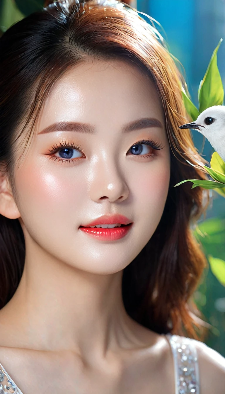 very beautiful girl, asian mixed idol model;
(((Girl wearing a silk dress rents flowers, Leaves, birds, colourful)));
((lifelike:1.2)), ((masterpiece:1.2)), ((Highest quality image)), ((not NSFW)), ((8K)), CG, HD, ((high solution và tương phản)), ((Super nice graphics)), ((professional)), ((màu sắc detail và rực rỡ)), ((Super smooth image)), ((Advanced photography techniques)), ((RAW thật)), ((Kết cấu ảnh perfect));
Complex lighting, yellow-black rays, ((Face lighting));
sunlight ((lấp Leavesnh)), ((illuminate the girl's body));
glossy pink lips, phấn mắt hồng, eyelash, blush, mỹ phẩm, aa bright white, lỗ chân lông detail, da stretch the ball, da stretch the ball; bàn tay perfect, spotless; ivory white skin, ruddy, stretch the ball, shiny;
golden red hair, smooth, floating in the sunlight, detail;
blue eyes, charming, ((trang điểm high solution)), true, ((damp)), detail, phấn mắt hồng;
two delicate eyelids, đẹp perfect, detail, eyelash đen;
Arched eyebrows, dear, high solution, detail;
khuôn mặt xinh đẹp và perfect, holiness, light makeup, cân đối perfect, đẹp đến từng detail, ((shiny)), mỹ phẩm;
Beautiful nose, lovely, cao, detail;
blush, prominent cheekbones, detail;
đôi môi charming, glossy pink lips;
Bright smile, pure white teeth, detail;
beautiful hands, perfect, ((error-free)), no disability;
cơ thể siêu perfect, full of life;
big and plump breasts, Raised nipples, Deep chest slit, toning, detail;
mông nở nang, shiny;