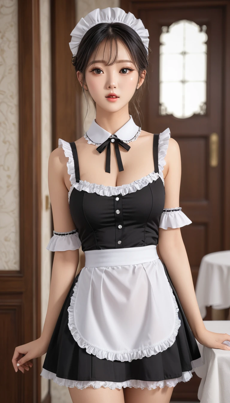 (8K quality, RAW Photos, highest quality), High resolution photos, Professional photos, (reality, Realistic photos:1.37), ((highest quality)), (25-year-old Korean adult beauty), (Beautiful face with double eyelids:1.2, Transparent double eyelids), ((Details of maid clothing:1.2)), (large and impressive eyes, ), Are standing, White panties, Long and beautiful legs, Big Breasts, Bra exposure, (Photographed at the palace, The palace is very bright and luxurious..), Seaweed, Pose of lifting skirt to show panties, (Laugh with your mouth closed, Make eye contact with your audience), Small panties, Skirt flip, (masterpiece:1.5)