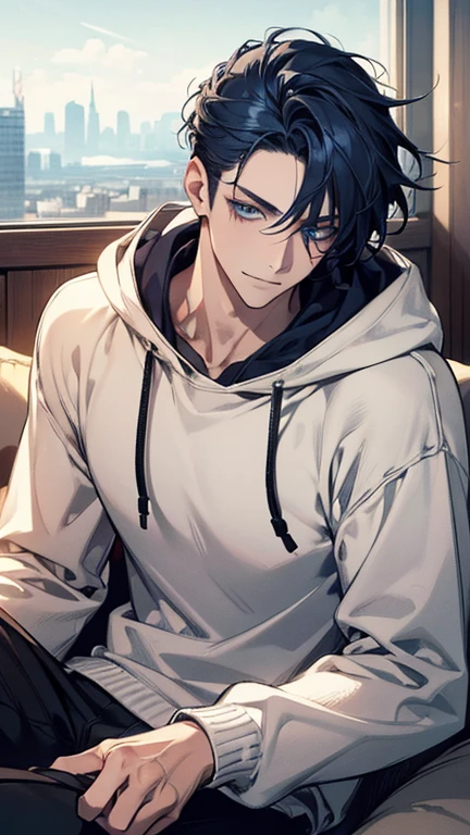 (best quality,4k,8k,highres,masterpiece:1.2),abstract,man,1man,dark blue hair up to the nape,soft eyes,age 28,tall,mature man,adult,white sweater,deep blue eyes,hooded navy blue eyes,dark blue gaze,calm,quiet,gentle smile,serene,enjoying,sitting on sofa,talking,mug