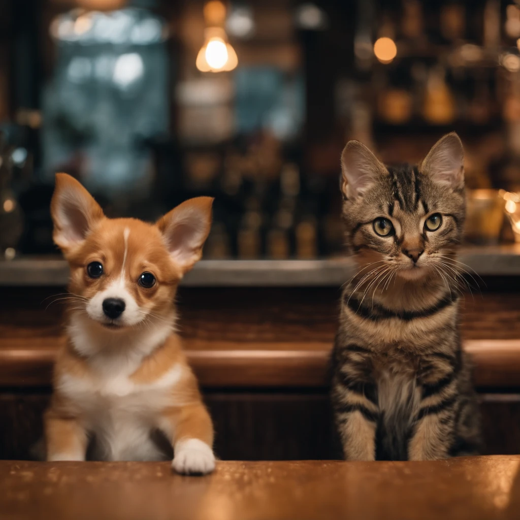 um cachorro e uma gato, Conhecido como cachorro e gato roqueiro, bonitos, cachorrinhos, dogdogsdogs, e cachorros bonitos, Gatinhos, Gatos, catscatscats, e gatos bonitos. They sat together at the counter of a bar, vestindo roupas de roqueiro. They are cute in the style of 🍁 and 🍂, And it's the cutest of them all. They are known as the real-life Tom and Jerry. The art style is cute dog and cat anime visual.