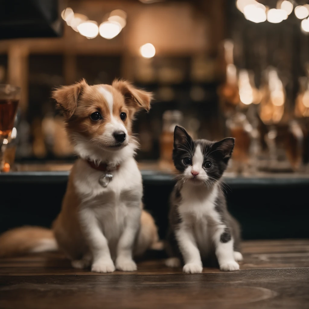 um cachorro e uma gato, Conhecido como cachorro e gato roqueiro, bonitos, cachorrinhos, dogdogsdogs, e cachorros bonitos, Gatinhos, Gatos, catscatscats, e gatos bonitos. They sat together at the counter of a bar, vestindo roupas de roqueiro. They are cute in the style of 🍁 and 🍂, And it's the cutest of them all. They are known as the real-life Tom and Jerry. The art style is cute dog and cat anime visual.