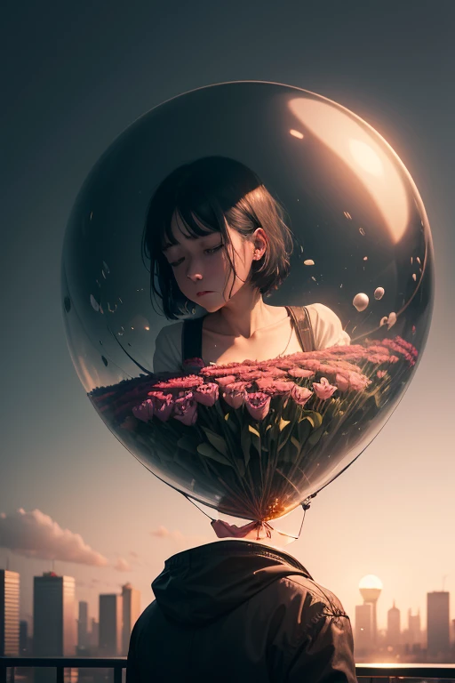 A person trapped in a fragile glass balloon, slowly deflating, surrounded by tears and funeral flowers, with a cityscape or industrial landscape in the background, representing the void. The sound of silence and the feeling of being lost, with hints of sadness and despair. In the style of: Edward Hopper --style raw --ar 3:4