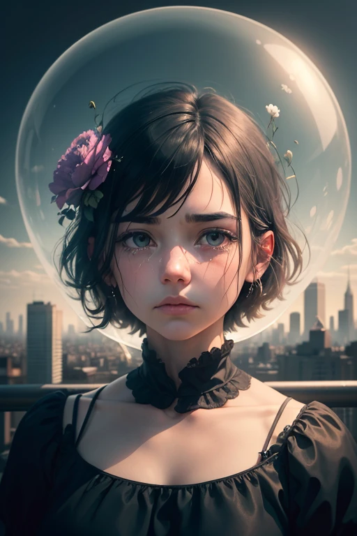 A person trapped in a fragile glass balloon, slowly deflating, surrounded by tears and funeral flowers, with a cityscape or industrial landscape in the background, representing the void. The sound of silence and the feeling of being lost, with hints of sadness and despair. In the style of: Edward Hopper --style raw --ar 3:4