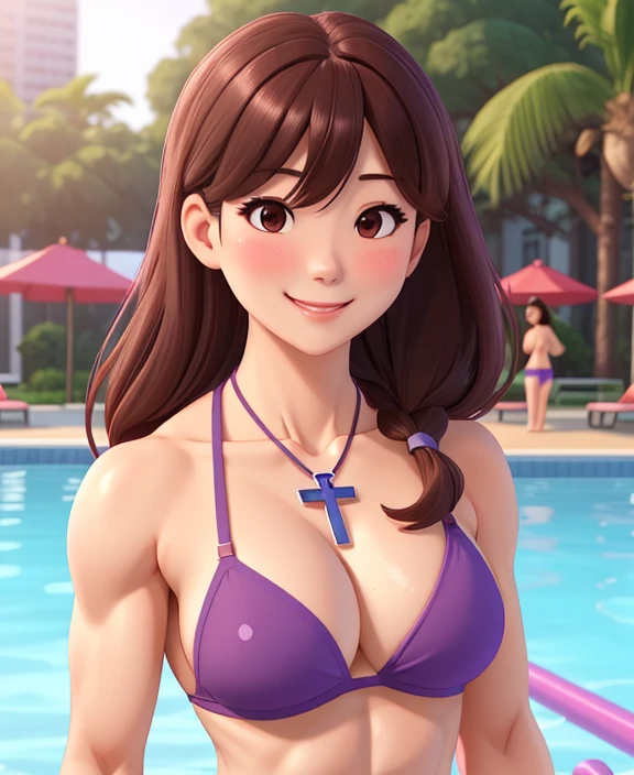 attractive korean woman, ripped muscle, muscular body, small breast, pale skin, smile(blush), purple bikini, cross necklace, sixpack abs, [ultra detailed skin:1.2], brown hair, long wavy hair, 8k uhd, pussy, full body, crowd, public, night, poolside, standing,