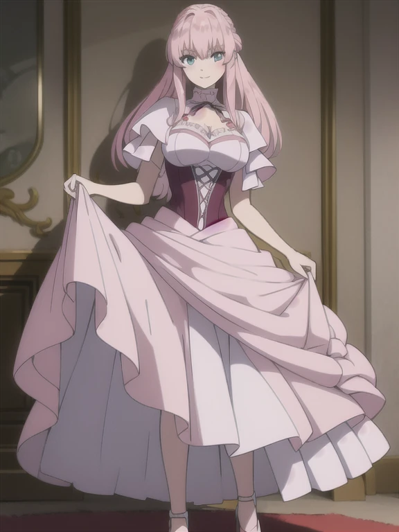 ((Best quality))), ((Ultra-detailed)), ((illustration)), ((Disheveled hair)), ((frilld)), (1 girl), (Solo), 1girl, looking_at_viewer, solo, standing, rating:safe, breasts, capelet, cleavage, clothes_pull, clothing, dress, female, footwear, high_heels, long_hair, makaria, shoes, skirt, skirt_hold, skirt_lift, skirt_pull, smile, white_dress, pink_footwear, pink_shoes, pink_hair,aqua_eyes,