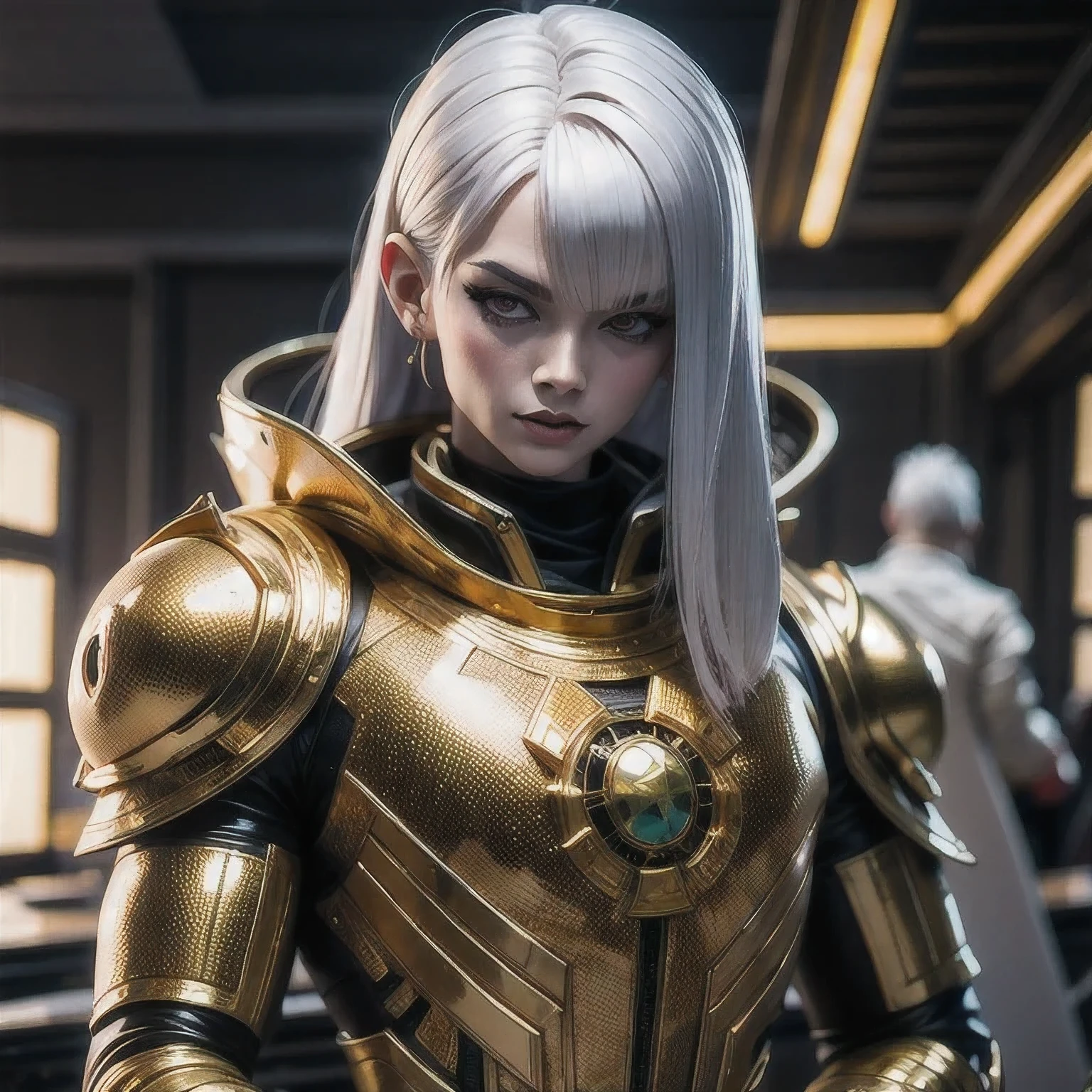 a close up of a person in a gold suit with a white hair, cyborg jd en, cyberpunk jiden, god emperor bdn, emperor b en, jden as an anime villain, j as thos, jen as a sith lord, dark lord bdn, joden with laser eyes, jon as batman