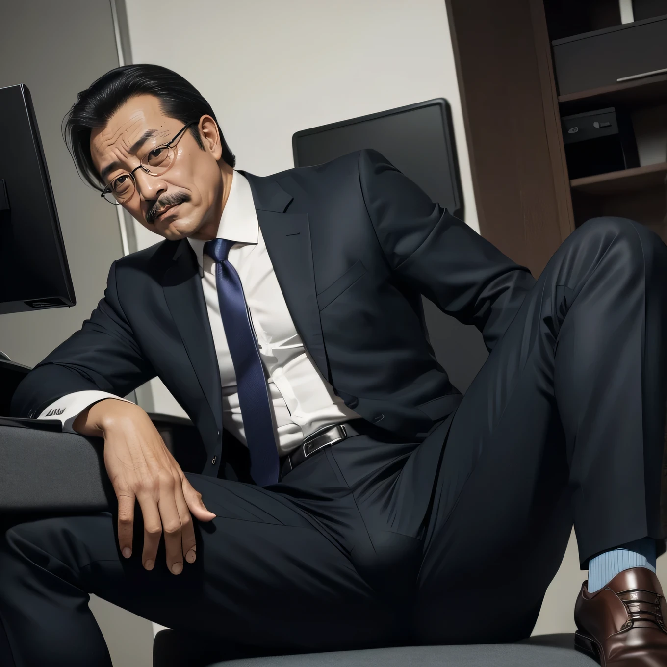 55 years old,Kogoro Mori,uncle,temperament,Sitting in an office chair,Spread your legs widely,Black short,Sweating feet,Slip leather shoes,No beard,Large bag at the crotch,Crotch close-up,toughness,HD,artwork,Full of enjoyment,Very shy,Wear a suit,Big Ass,Masculinity,There is a noticeable bulge in the crotch, Shy expression department,Low Angle of View