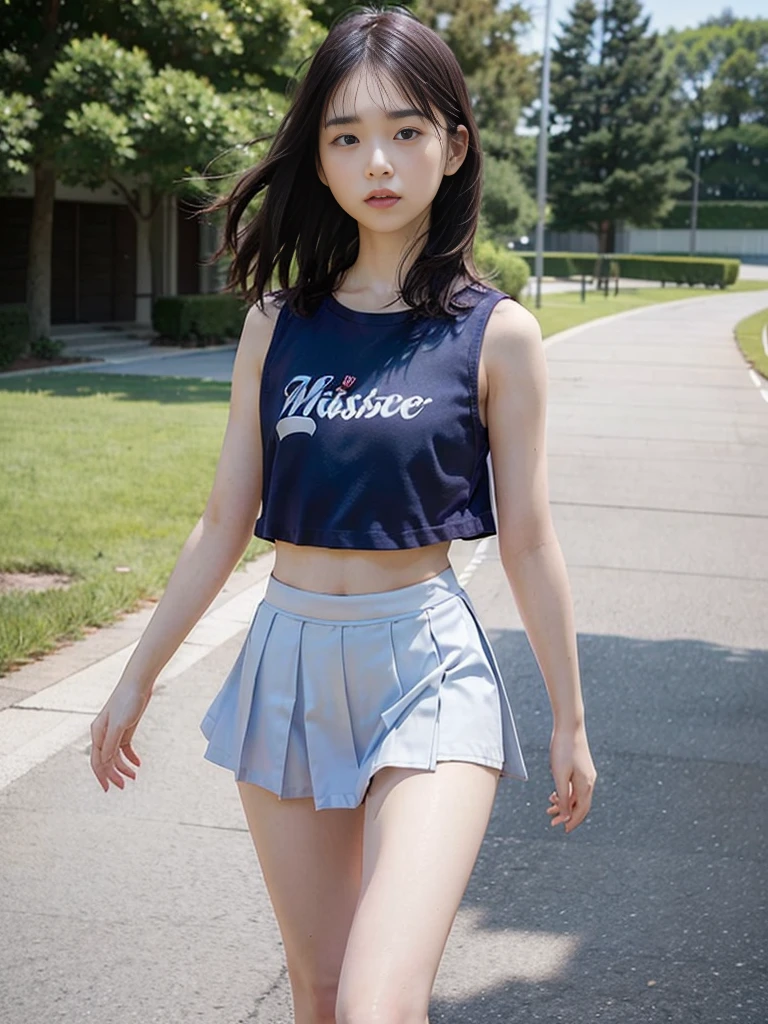 (masterpiece, highest quality:1.4), Award-winning portraits, 8k, 85mm, alone, Beautiful Face, Delicate girl,  (Cheerleader、On the grass), Sophisticated, cute, 15 years old, RAW Photos, Confused, High resolution, Sharp focus, Background Blur、(((flat  、thin and delicate body、Childish atmosphere)))、Glossy short bob、Mole on the left cheek、 Dark blue eyes、the skirt is swaying in the wind、Hair swaying in the wind、sexy、flexible legs、naked