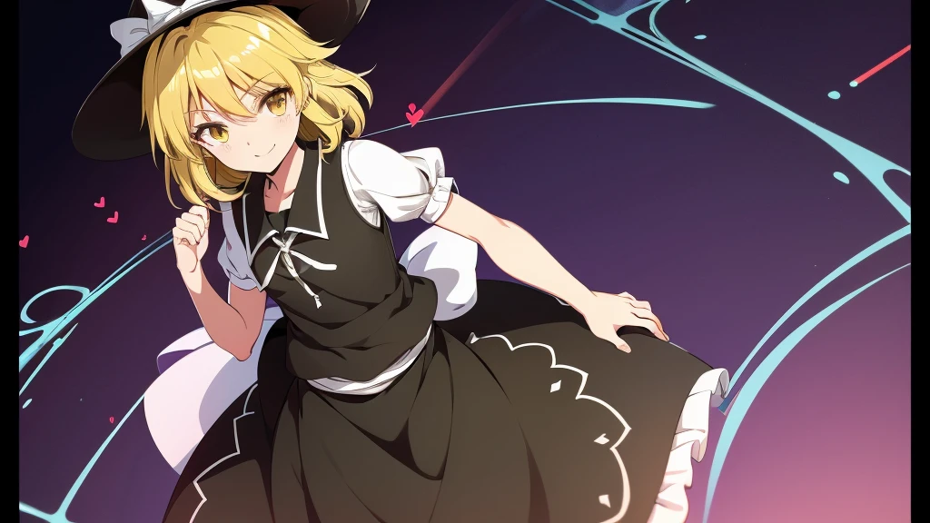 1girl, , , masterpiece, best quality, 10 years old, medium blonde hair, forehead visible bags, yellow eyes, hat, heart, black headwear, puffy short sleeves, log black skirt, heart hads,,1girl, solo, yellow eyes, yellow hair, bow, hat bow, socks, black footwear, black skirt, short sleeves, yuki (touhou), black vest, white sleeves, frill skirt, light smile