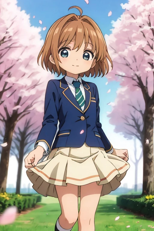 masterpiece, highest quality, High resolution,cute, anime, cute,Sakura Park,1 boy dressed as a woman, Age: 7 years old,Are standing,Short Bob Hair,maroon brown hair,Dark colored uniform skirt,Putting on socks,Wear school-issued pumps,Happy expression,Soft atmosphere, Beautiful background,Looking into the camera,Cherry petals are scattered,Decorate with cherry blossoms,Navy blue blazer with white trim,The wind flipped up her skirt,Wearing a striped tie,There is nothing above the head