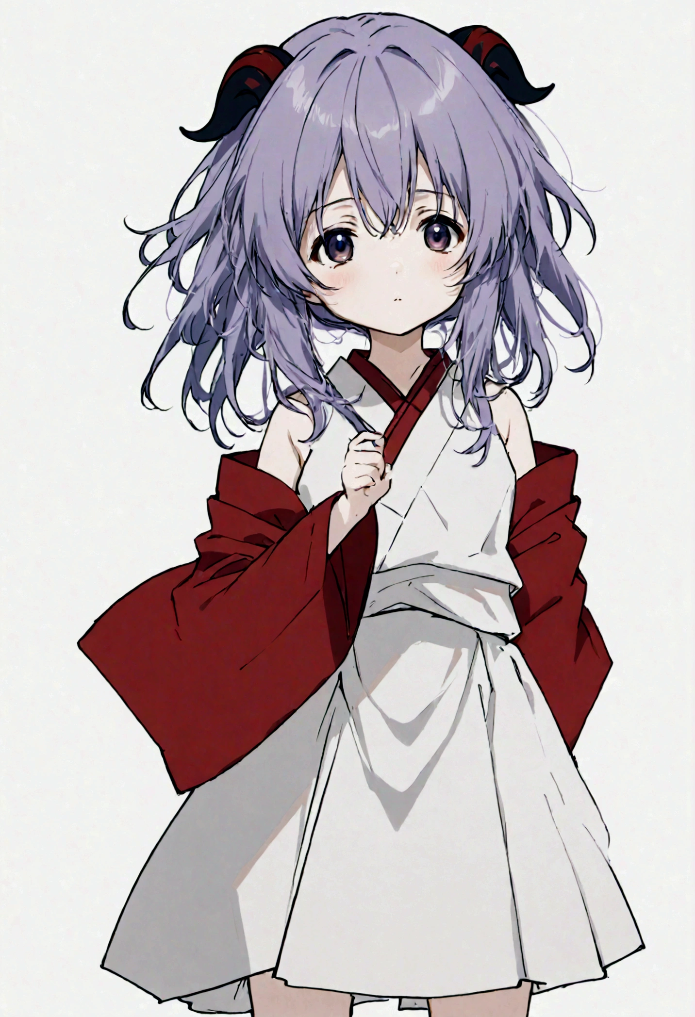 score_9, score_8_up, score_7_up, score_6_up, source_anime,BREAK , 1girl, hanyuu, solo, (tween:1.2), kawaii, ((horns)), medium breasts, purple eyes, purple hair, long hair, simple background, white background, japanese clothes, miko, skirt, hakama, hakama skirt, red detached sleeves, red hakama,v_arms,,straight-on,,anime screencap, anime coloring