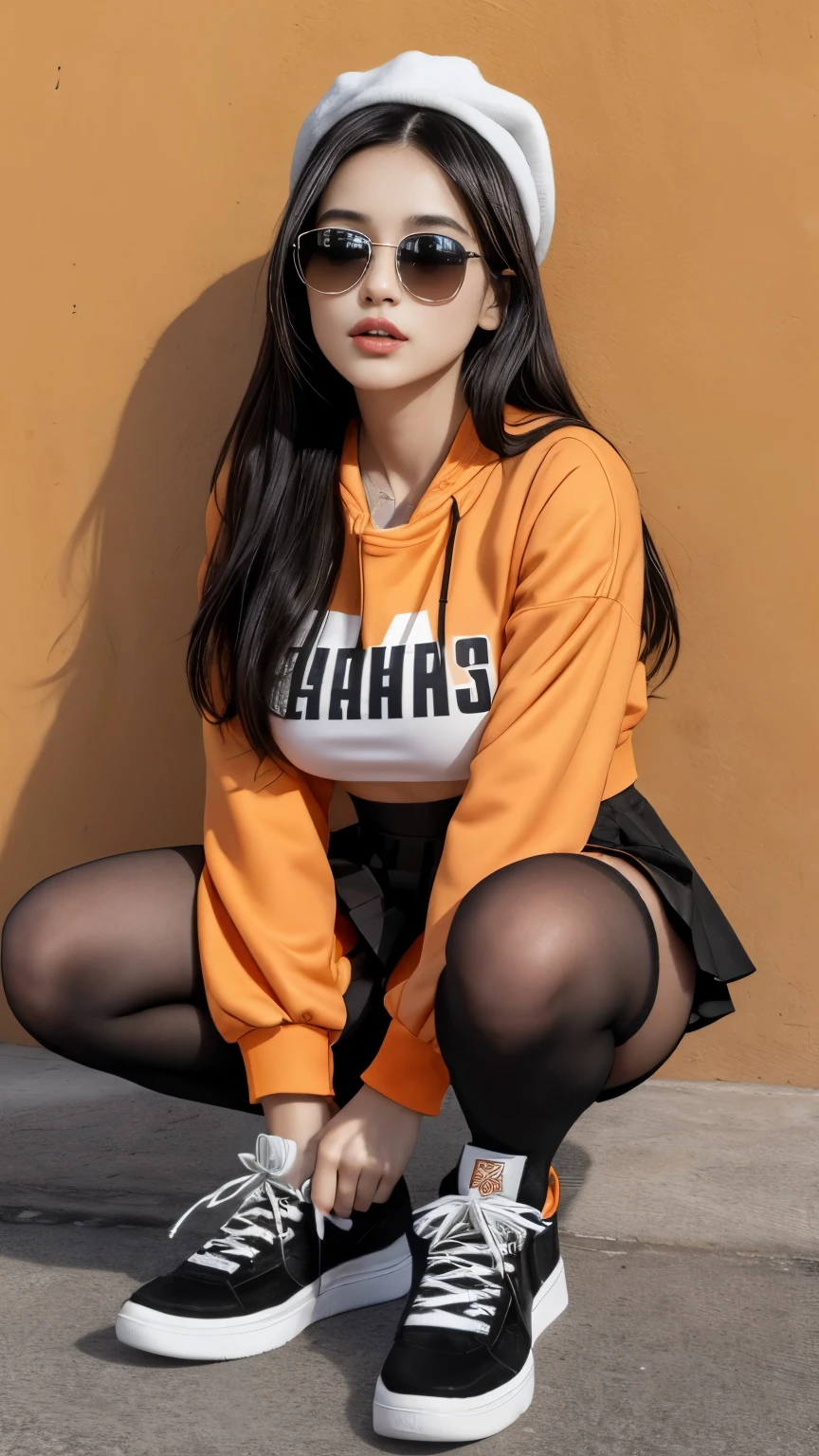 A masterpiece quality, ultra-detailed, high quality, high resolution full-body photogenic shot of a young Mexican woman standing in front of an orange wall. She has long, straight black hair and blue eyes. She has light brown skin. She is wearing an orange jacket with patches on the sleeves over a white cropped top with a red symbol. Her outfit includes a stylish, asymmetrical mini skirt with a mixed pattern design and black and white sections. She is also wearing black tights and white high-top sneakers. She has a pair of sunglasses resting on her head. Her hands are well-proportioned and natural-looking, with no distortions. The scene is set on a concrete surface with shadows cast on the ground, providing a realistic urban environment.((high-resolution)), ((detailed outfit)), (orange wall), (urban background), (elegant posture), (black hair), (blue eyes), (mixed pattern skirt), (black tights), (white high-top sneakers), (well-proportioned hands), (light brown skin)