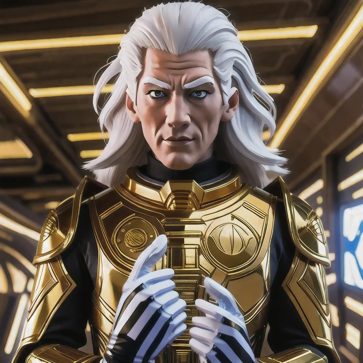 a close up of a person in a gold suit with a white hair, cyborg jd en, cyberpunk jiden, god emperor bdn, emperor b en, jden as an anime villain, j as thos, jen as a sith lord, dark lord bdn, joden with laser eyes, jon as batman