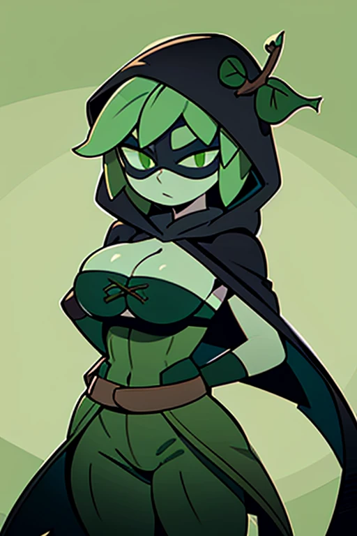 green hair, green sclera, green eyes, colored skin, green skin, domino mask, cape, hood black jacket, brown pants leaf, thigth clothes, sexy