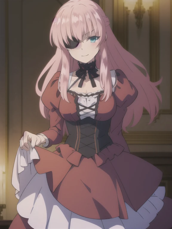 ((Best quality))), ((Ultra-detailed)), ((illustration)), ((Disheveled hair)), ((frilld)), (1 girl), (Solo), 1girl, hand_on_hip, solo, rating:safe, black_footwear, breasts, cleavage, clothes_pull, clothing, dress, dress_lift, dress_pull, eyepatch, female, female_only, flower, long_hair, looking_at_viewer, makaria, motion_blur, one_eye_closed, red_dress, skirt, skirt_lift, skirt_pull, small_breasts, smile, standing, weapon, whip, wink, pink_hair,aqua_eyes,