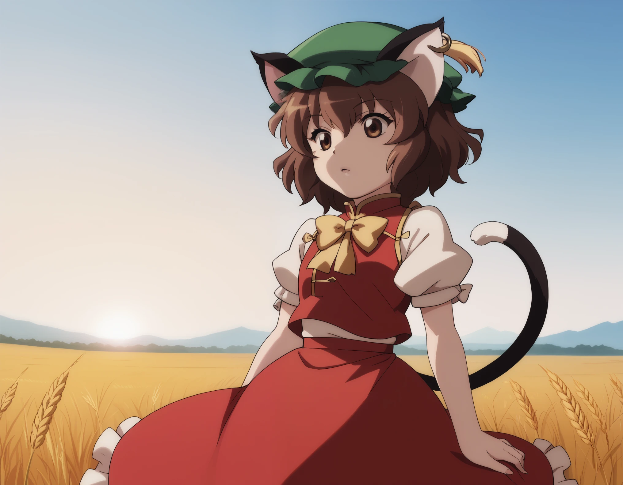 score_9,score_8_up,score_7_up,anime coloring, 1girl, chen, brown hair, brown eyes, cat ears, green hat, mob cap, red dress, juliet sleeves, frills, flat chest, two tails, blue sky, wheat field, dusk, sunset, grass, dirt trail,